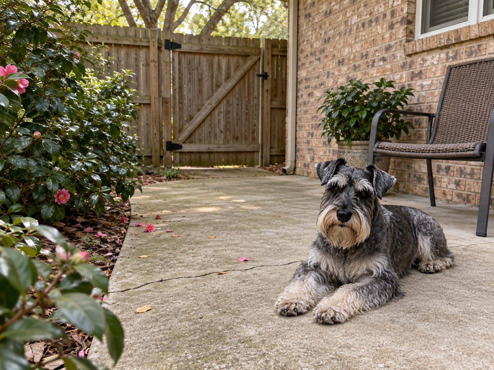 Standard schnauzer lying on a shaded back patio of a ranch-style house beside a closed gate and a camellia bush