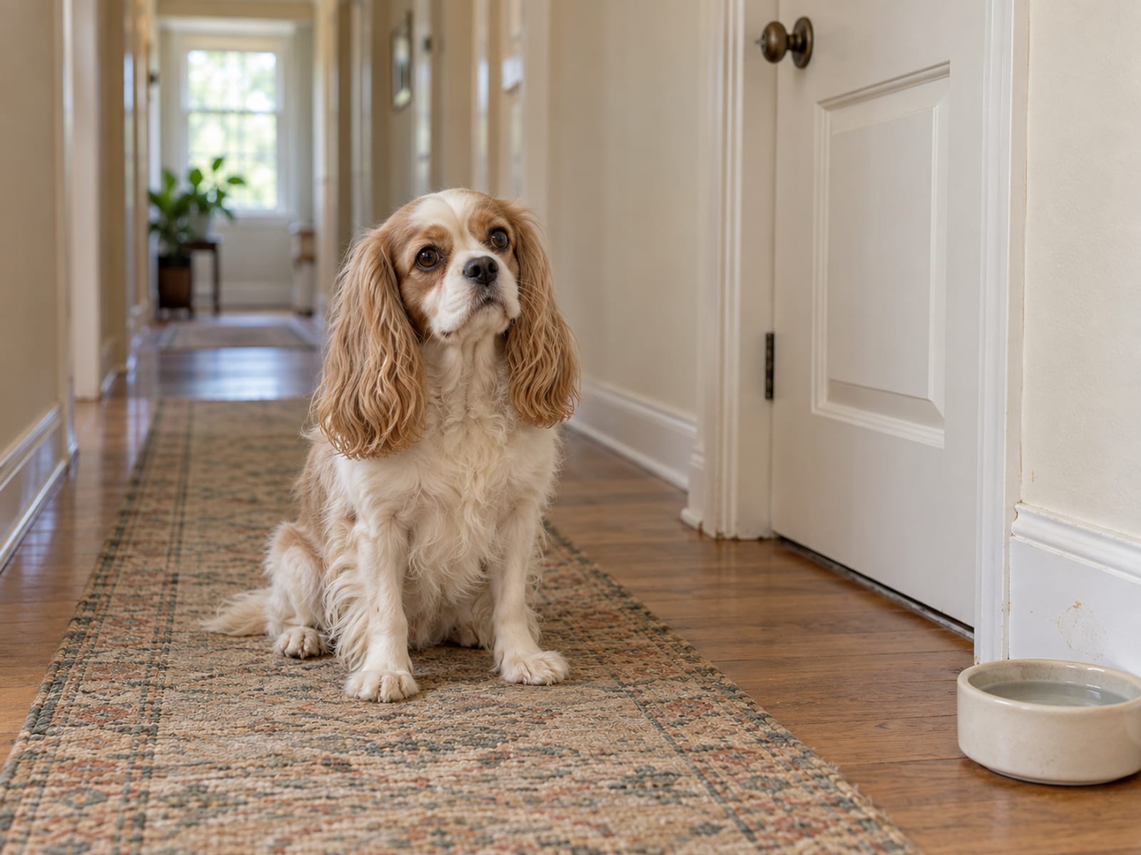Cream Cavalier King Charles spaniel sitting on a hallway rug beside a closed door and a water bowl