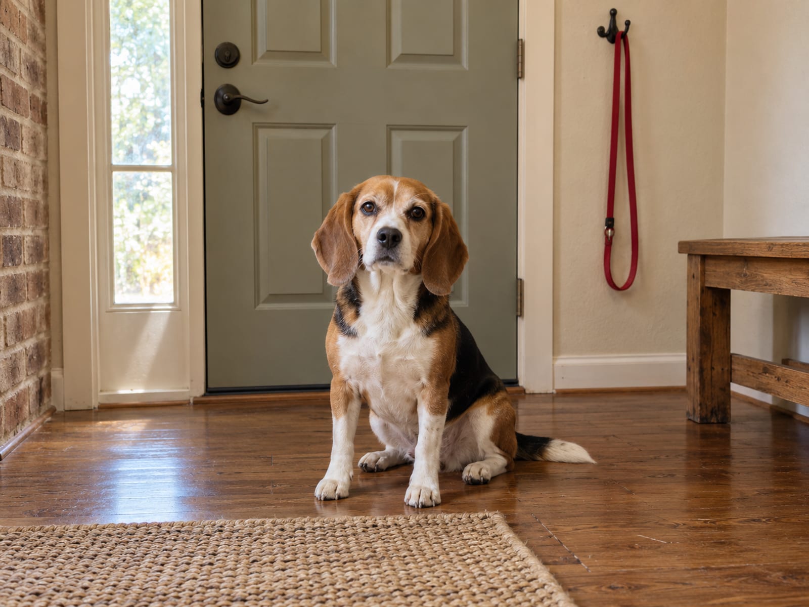 Tricolor beagle sitting on a wood floor in a tidy entryway with a leash on a wall hook and a closed front door