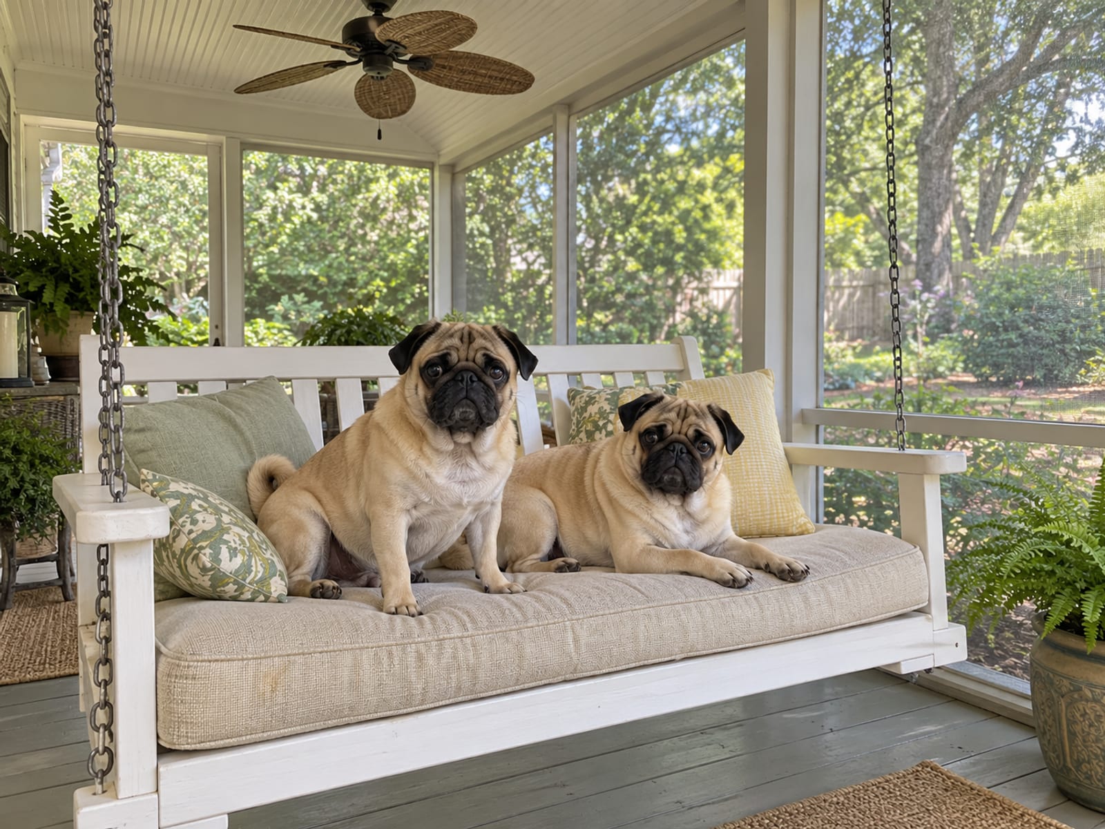 Two pugs resting on a clean porch swing cushion in a screened back porch under a ceiling fan