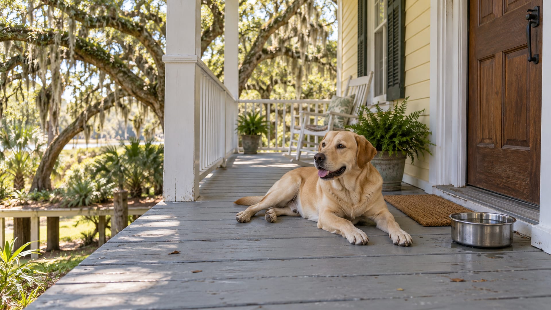 Labrador retriever mix lying on the porch of a raised coastal cottage under live oaks with a water bowl by the door