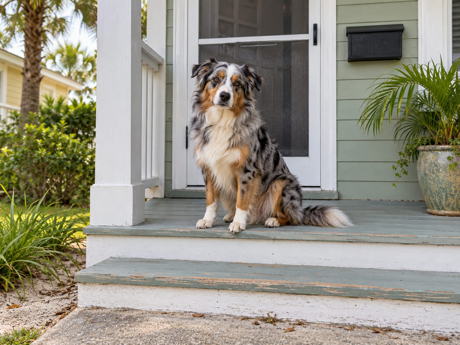 Australian shepherd sitting on the front steps of a small coastal bungalow with a plain mailbox and a closed screen door