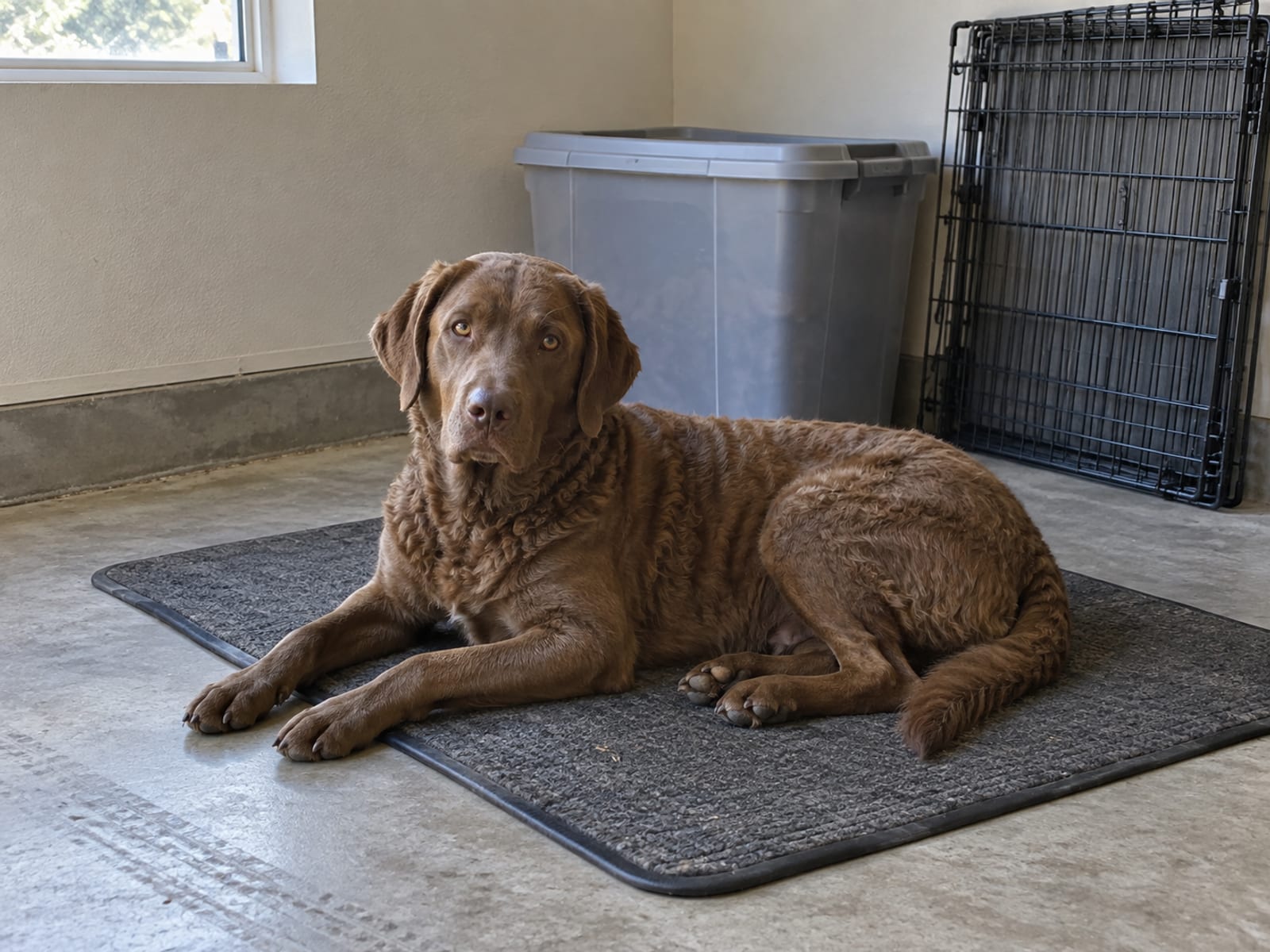 Chesapeake Bay retriever lying on a mat beside a closed plastic storage bin and a folded crate in a tidy garage corner
