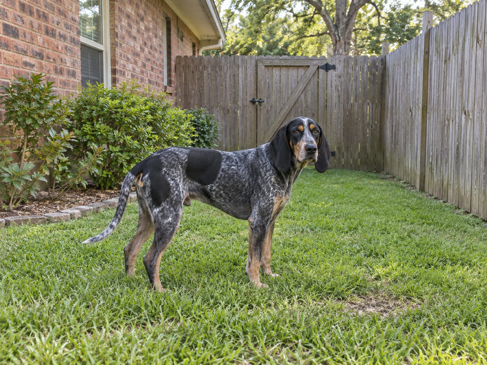 Bluetick coonhound standing in the fenced side yard of a brick ranch house with a closed wooden gate
