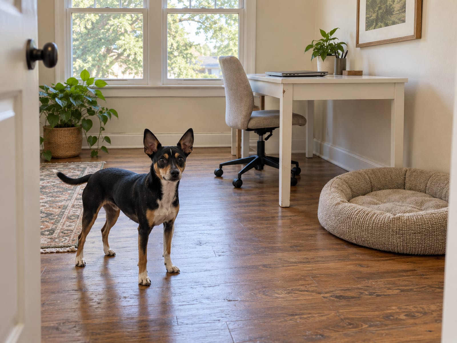 Black and tan rat terrier standing on the wood floor of a bright spare room set up as a home office, a dog bed and closed laptop on a plain desk