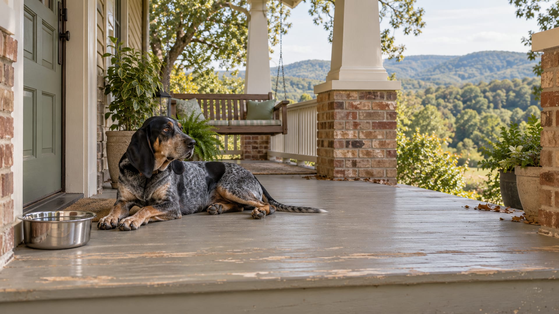 Bluetick coonhound lying on the porch of a craftsman bungalow with wooded hills in the distance and a water bowl by the door