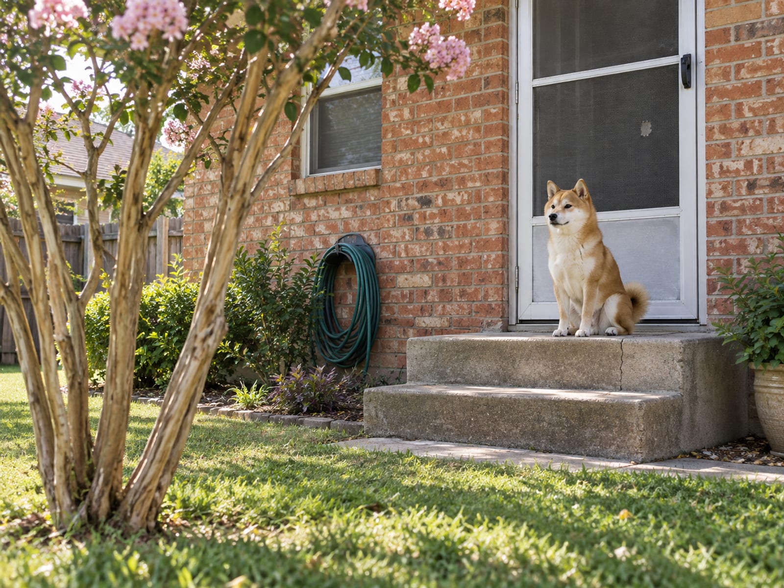 Cream and tan Shiba Inu sitting on a back porch step beside a closed screen door of a small brick ranch house, a crape myrtle in the yard