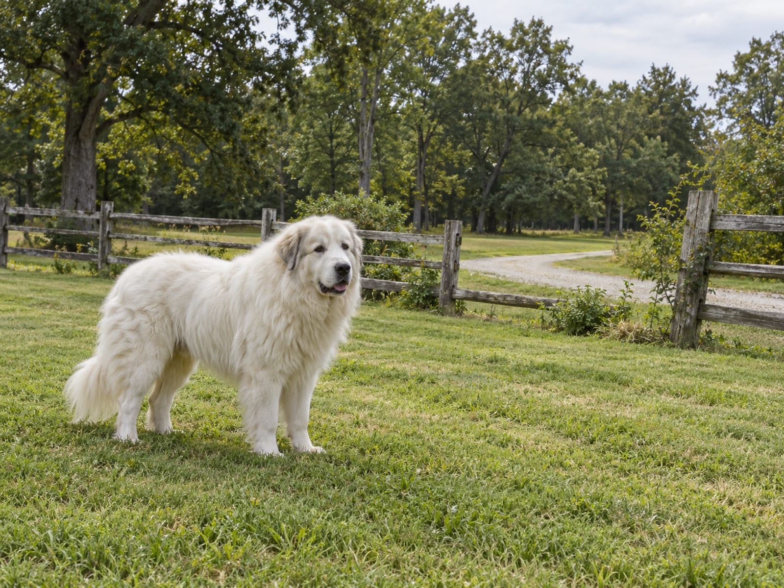 Shaggy Great Pyrenees standing at the edge of a mown country yard beside a split-rail fence, a gravel driveway and hardwood trees behind