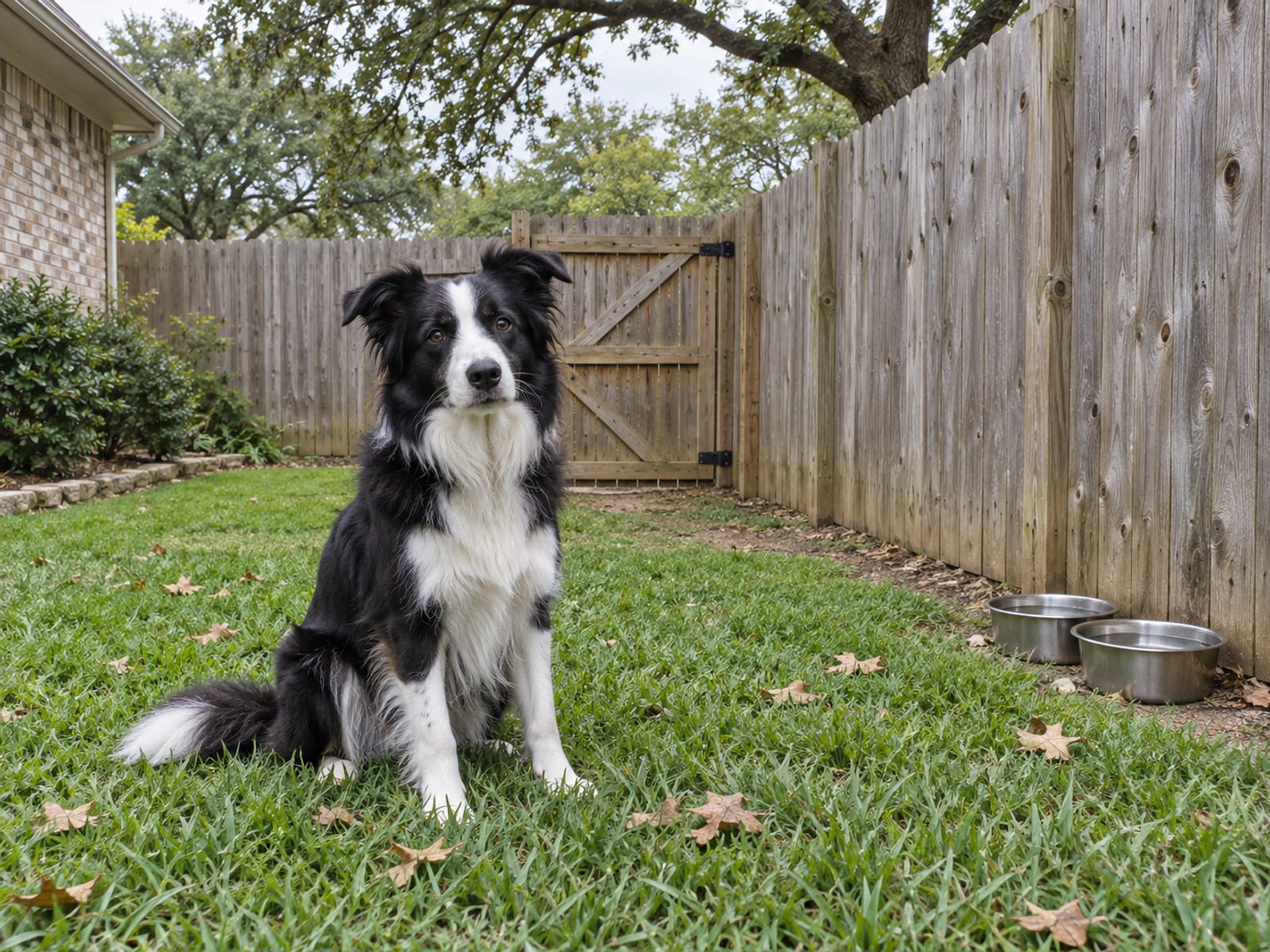 Border collie sitting on the grass in a tidy fenced side yard with a closed gate and two water bowls, oak leaves on the lawn