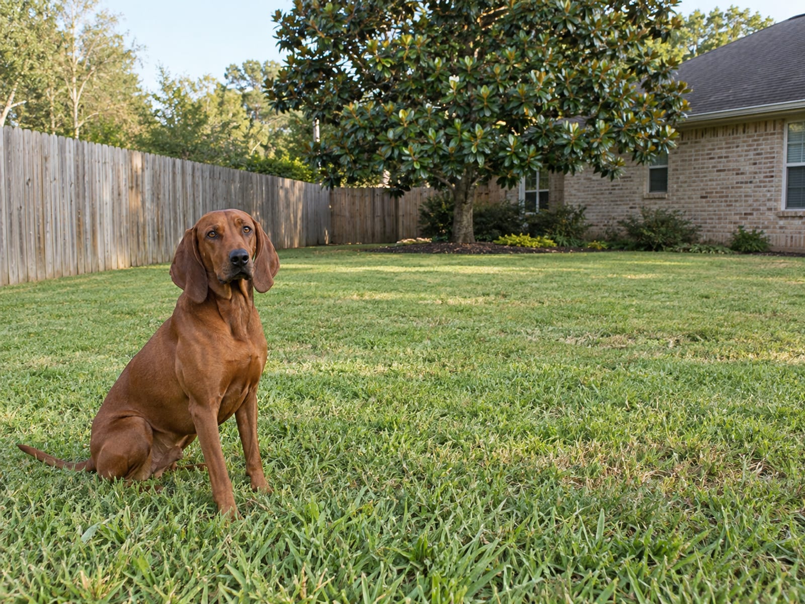 Redbone coonhound sitting on a wide green lawn beside a plain wooden fence behind a brick ranch house, a magnolia tree in the background