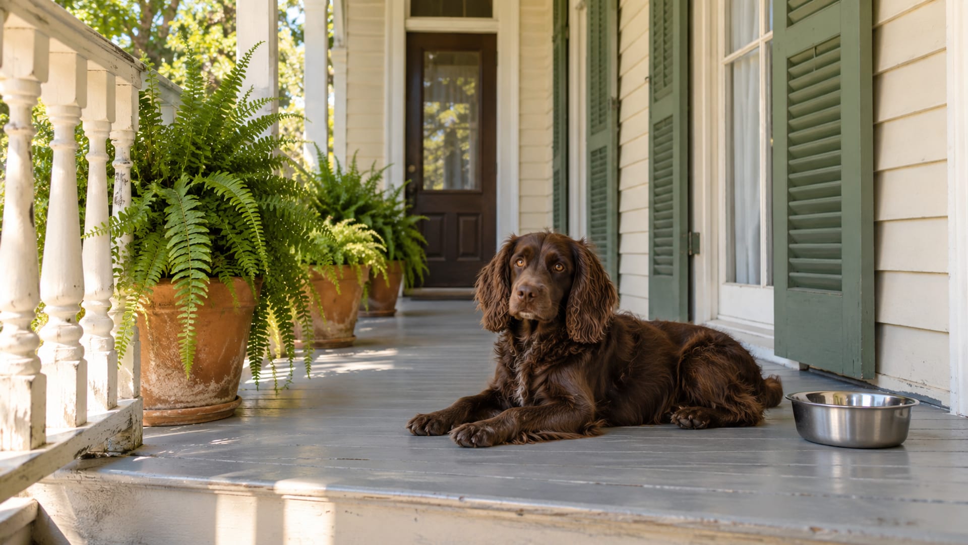 Boykin spaniel lying on the painted floor of a shady shotgun-house porch beside a water bowl, potted ferns along the rail