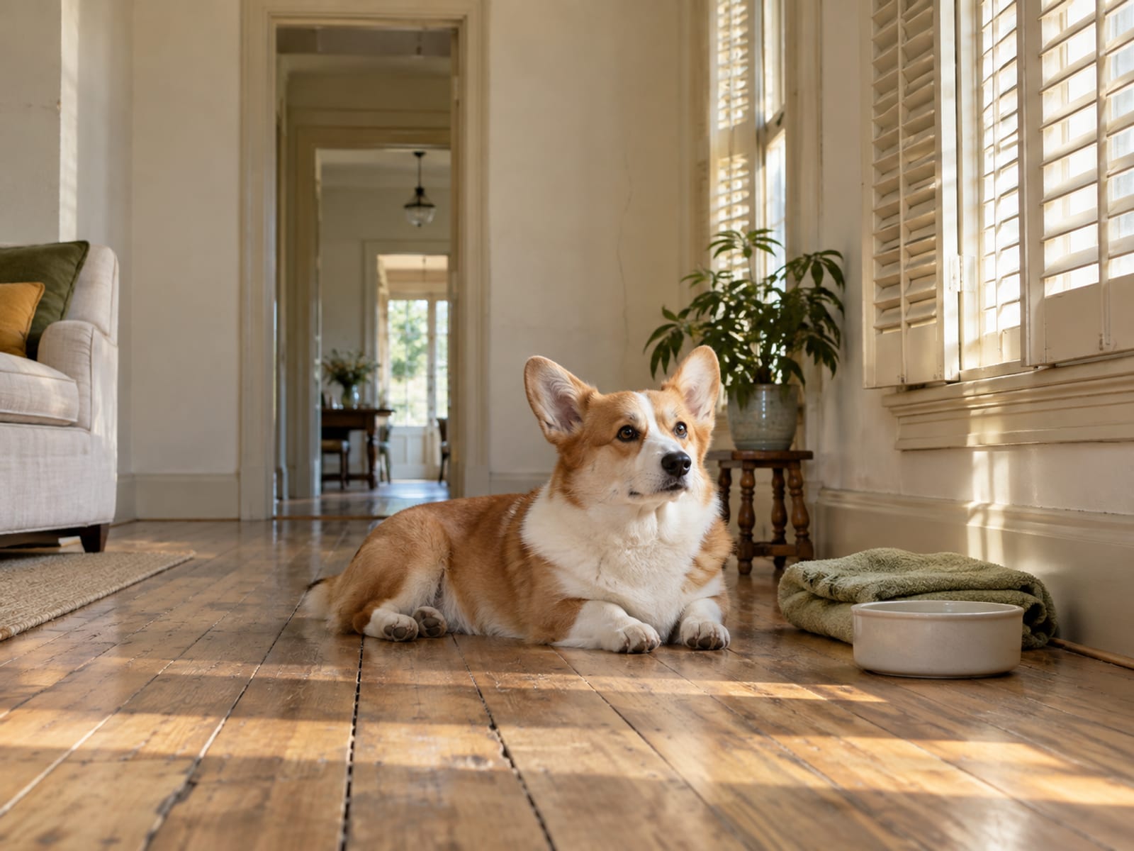 Pembroke Welsh corgi lying on the pale wood floor of a tidy front room in a narrow shotgun-style house, a folded towel and water bowl beside it