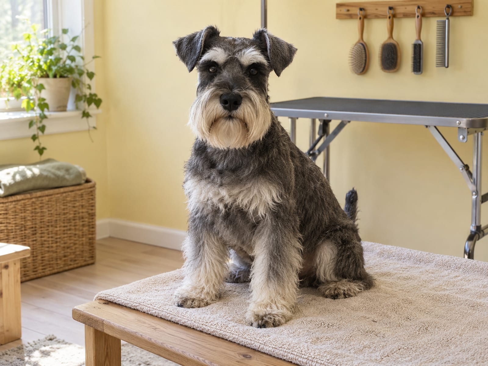 Freshly brushed miniature schnauzer sitting on a folded towel on a plain bench in a bright spare room, a grooming table and unlabeled brushes along the wall
