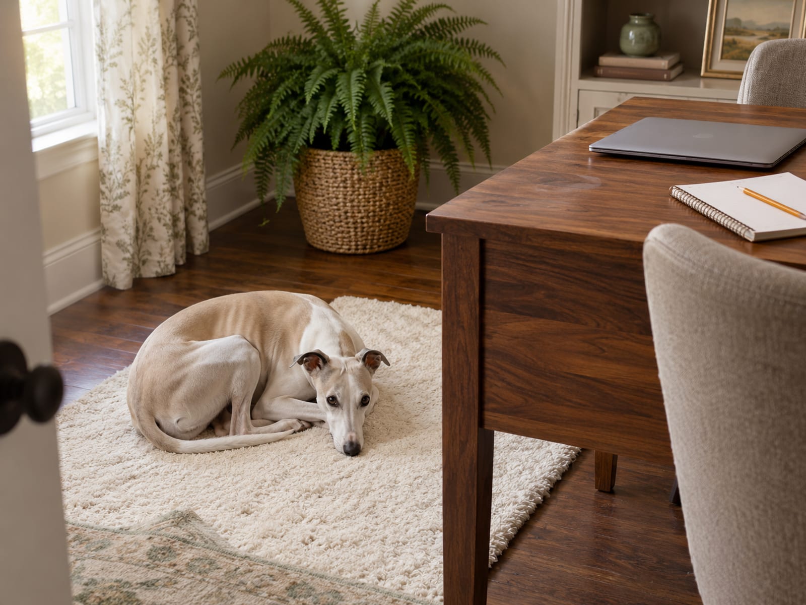 Whippet lying on a rug beside a plain wooden desk in a small home office, a closed laptop and blank notepad on the desk, a fern in the corner