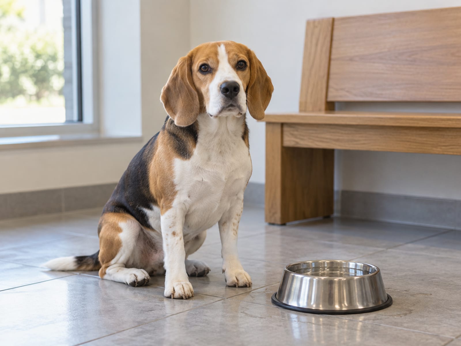 Spotted beagle sitting on the floor of a quiet veterinary waiting area beside a steel water bowl and a plain bench