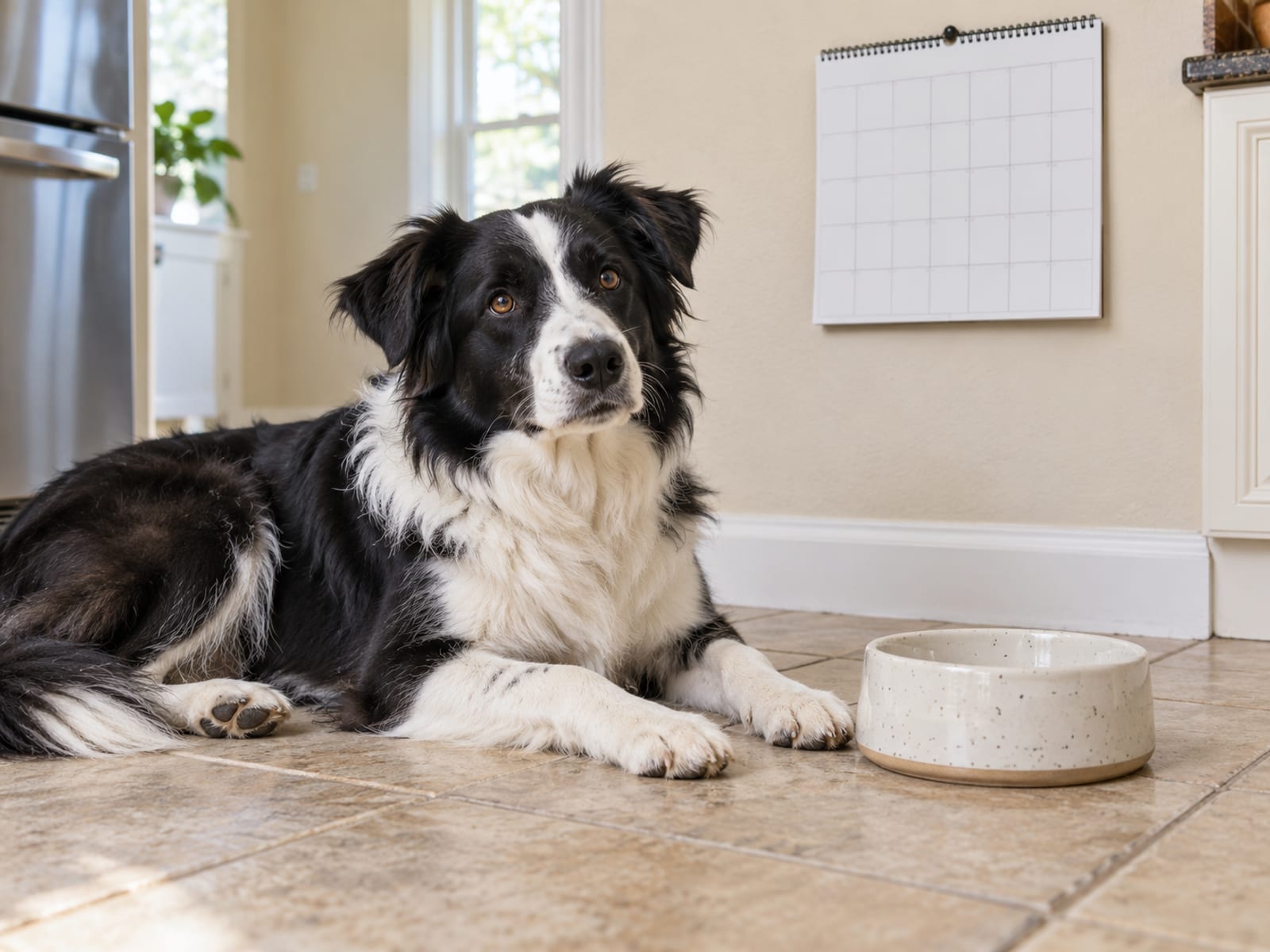 Black and white border collie mix resting on a kitchen tile floor beside its food bowl with a plain calendar on the wall behind