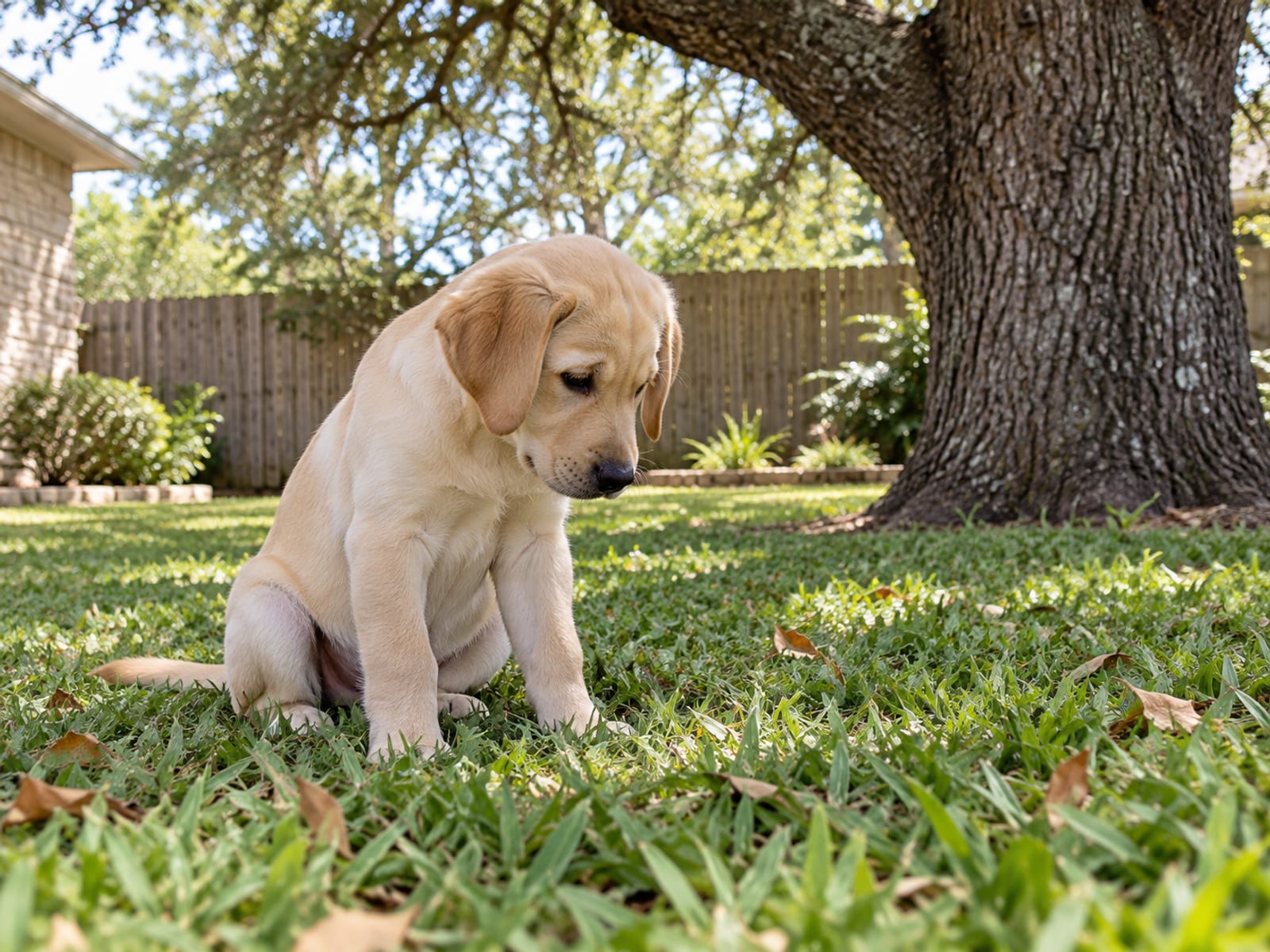 Yellow Labrador retriever puppy sitting at the edge of a backyard lawn beside a live oak, looking at the grass