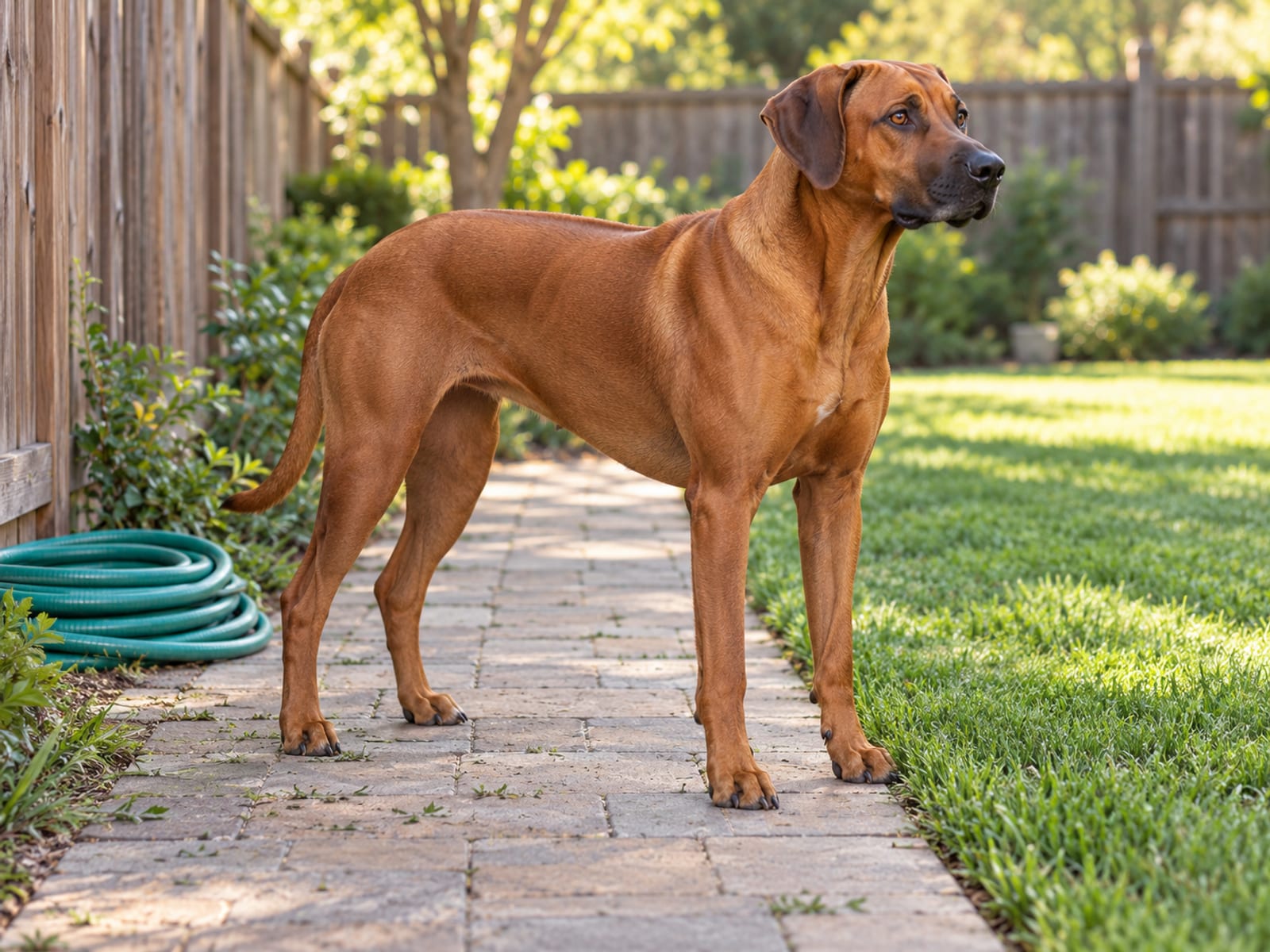 Rust-colored Rhodesian ridgeback standing on a paved backyard path beside a neat lawn edge and a coiled garden hose by the fence