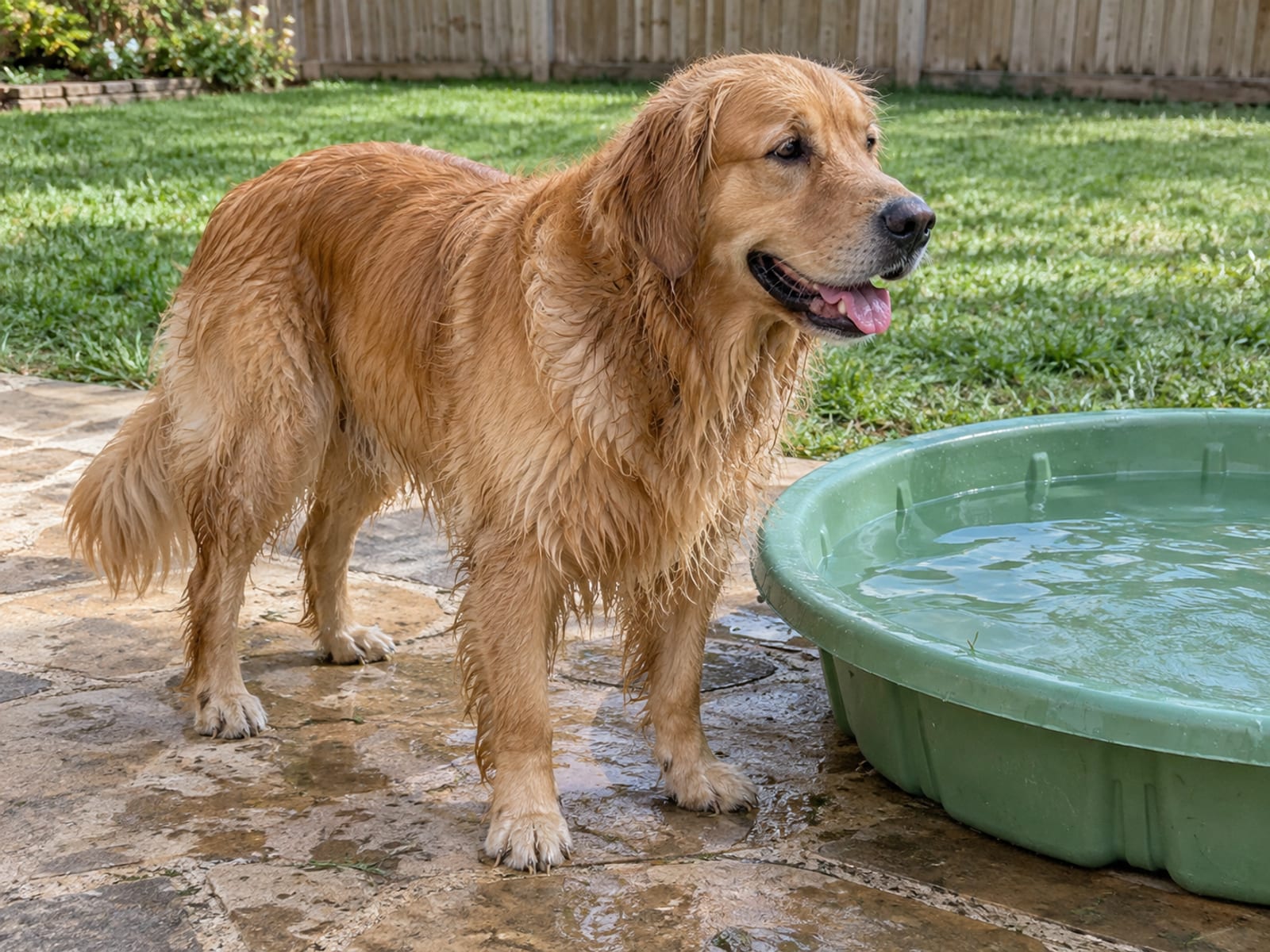 Wet golden retriever with a damp thick coat standing on a backyard patio beside a small plastic wading pool