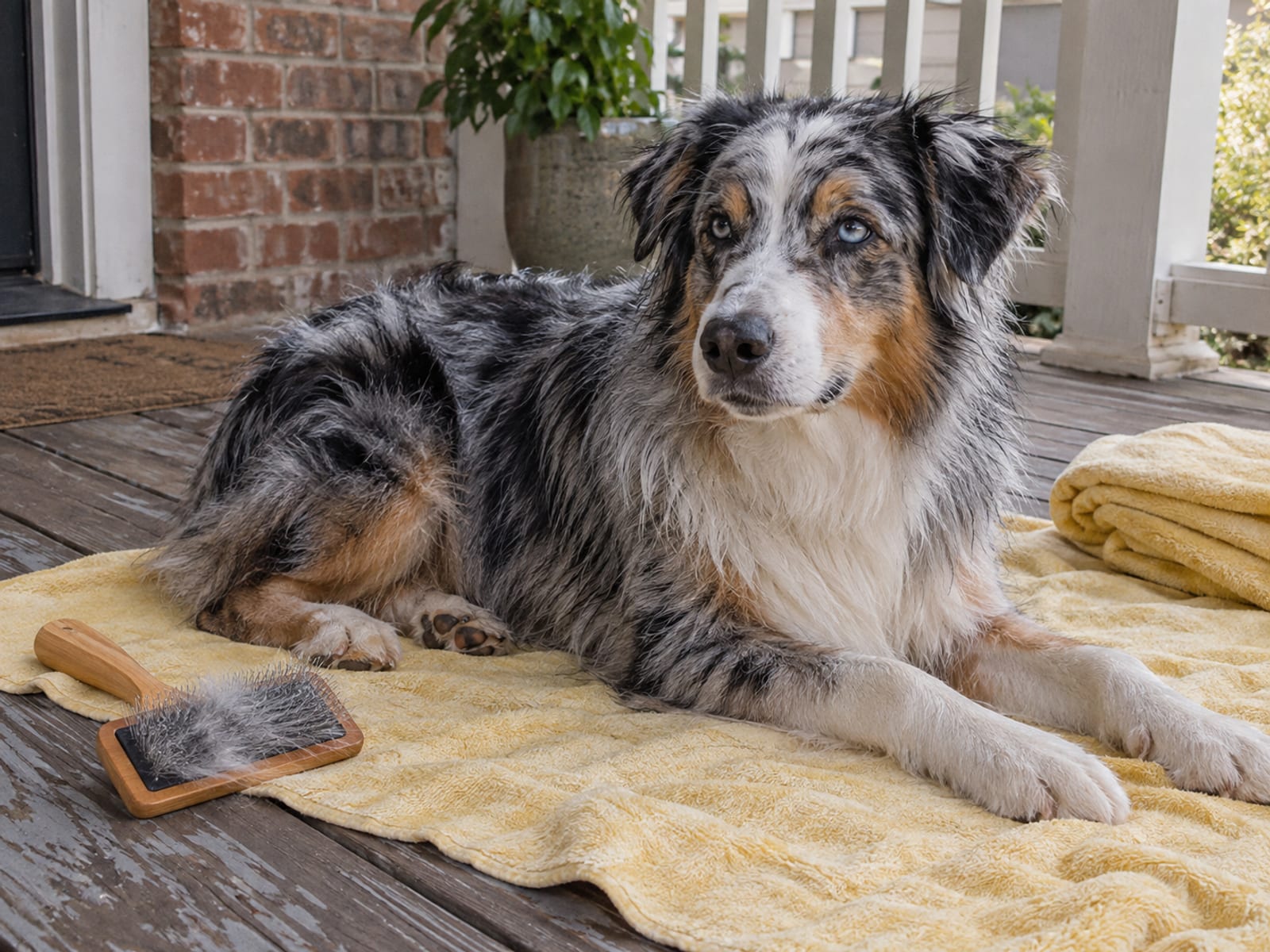Freshly brushed blue merle Australian shepherd lying on a towel on a porch with a slicker brush and folded towel beside it