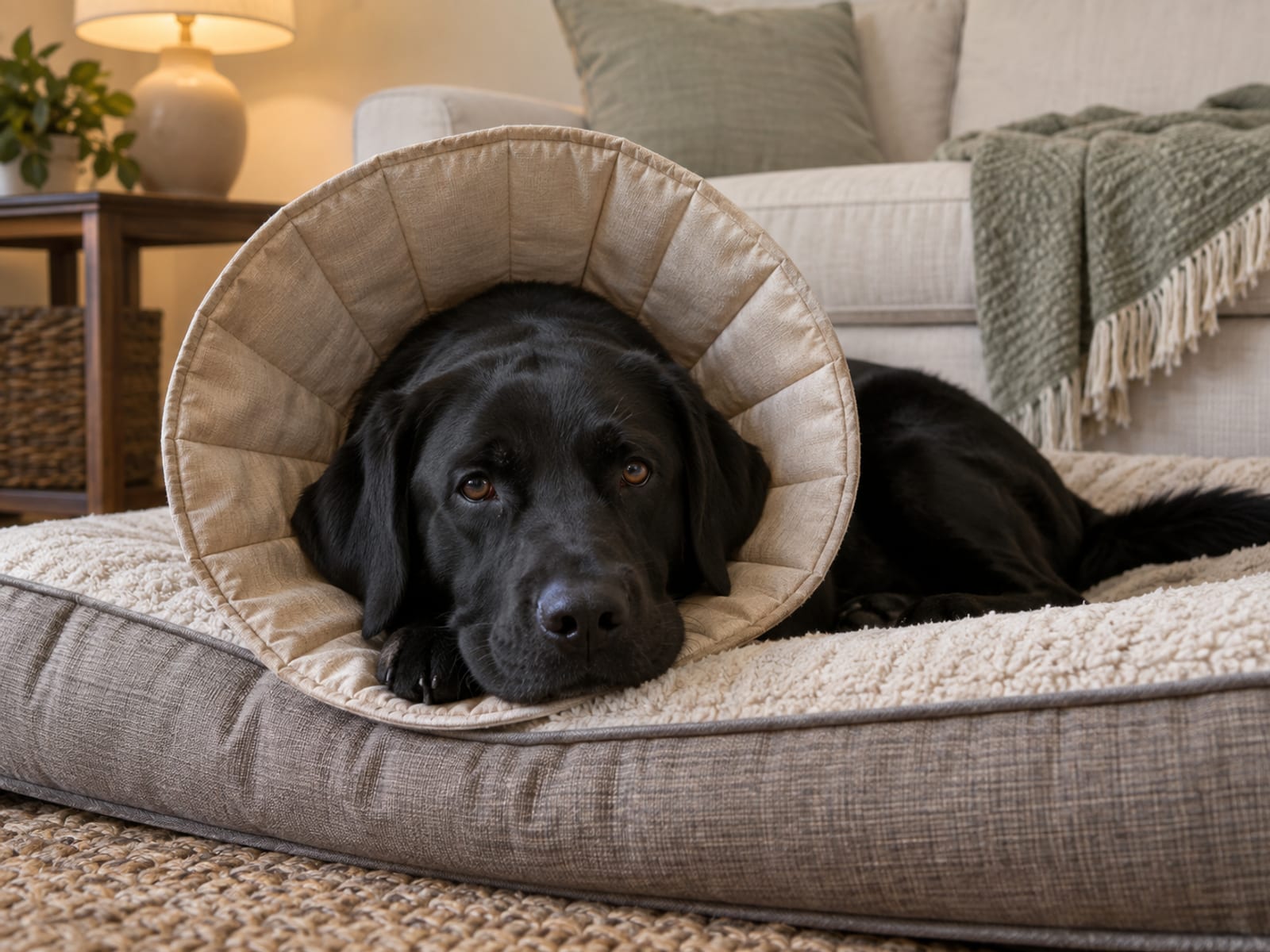 Black Labrador retriever wearing a soft fabric recovery cone resting calmly on a dog bed in a living room
