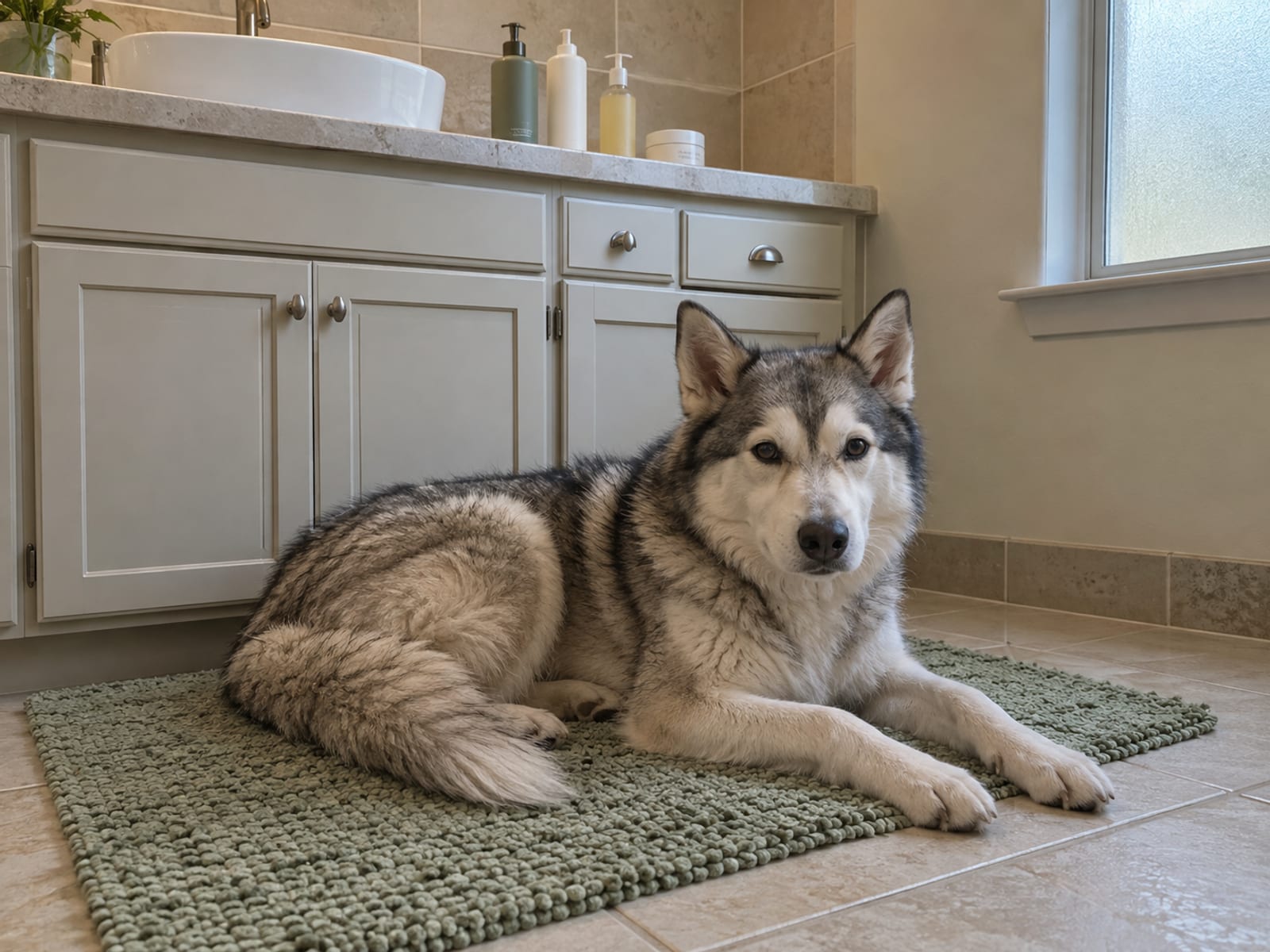 Husky mix lying on a bath mat below a bathroom counter where a few plain unlabeled bottles and jars are pushed to the back