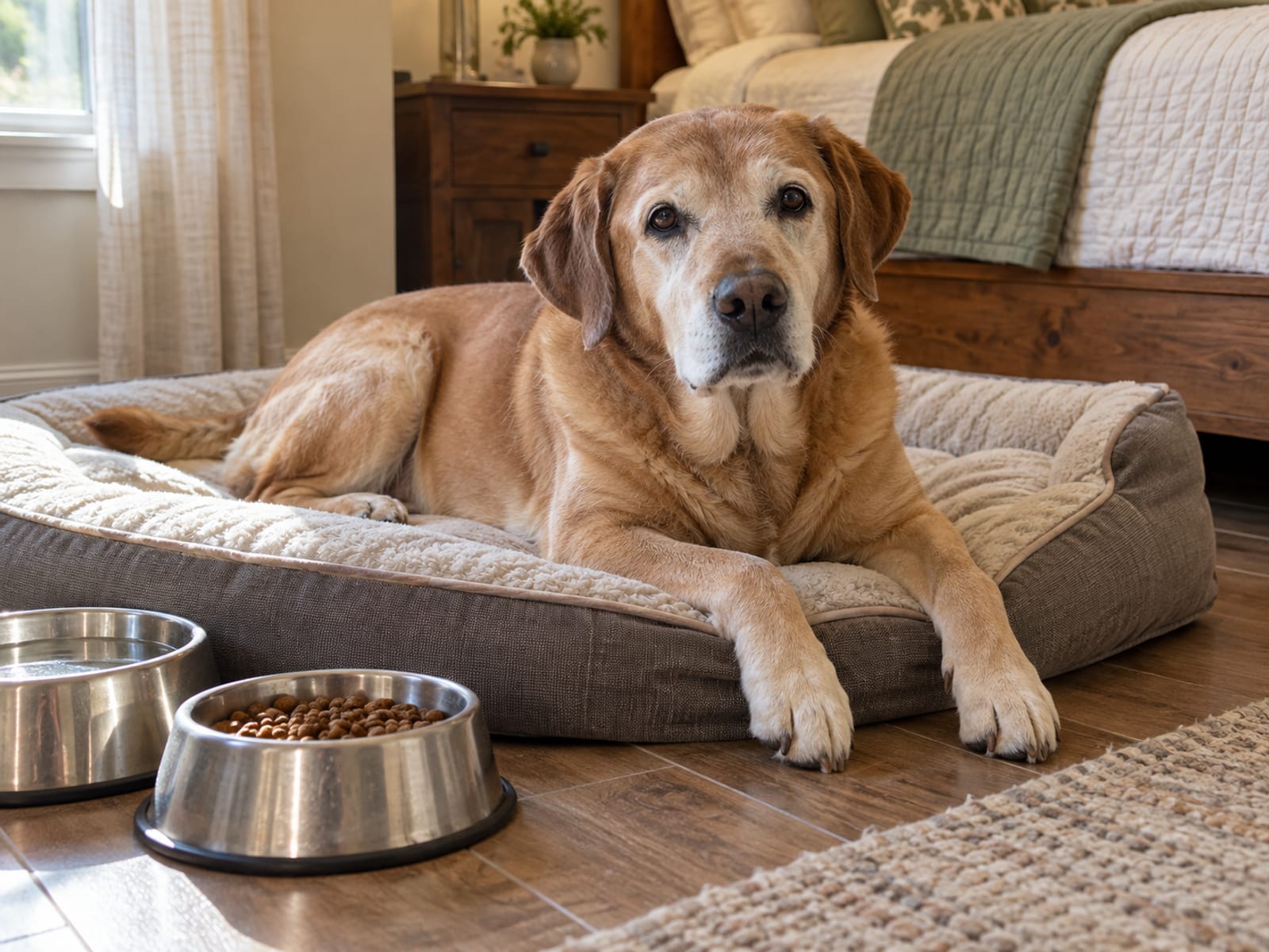 Senior Labrador mix lying on a dog bed in a quiet bedroom beside a water bowl and a food bowl