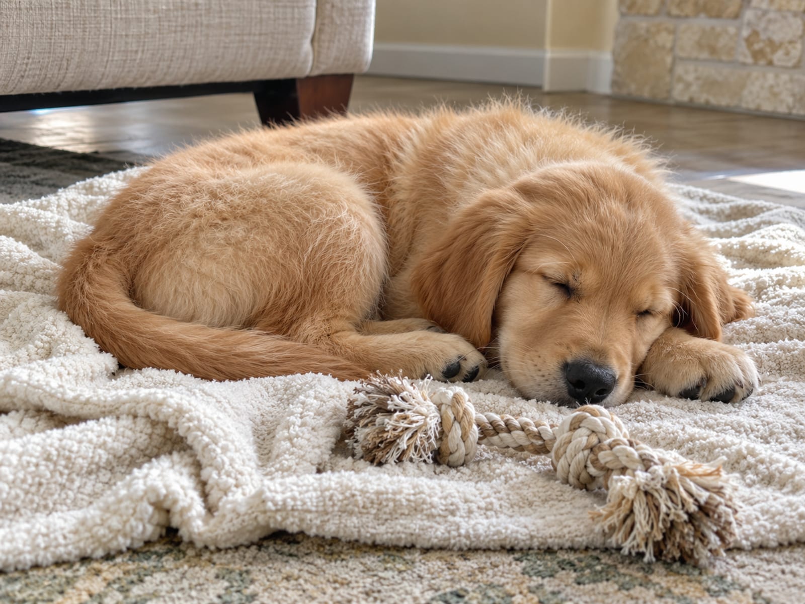 Golden retriever puppy asleep on a blanket on a living room floor beside a small rope toy
