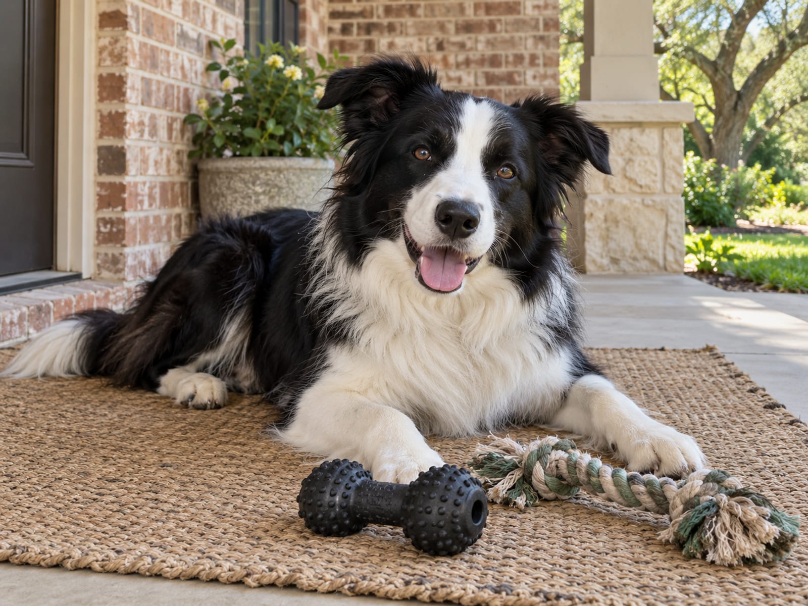 Border collie lying on a porch mat with a durable rubber chew toy and a plain rope toy in front of its paws