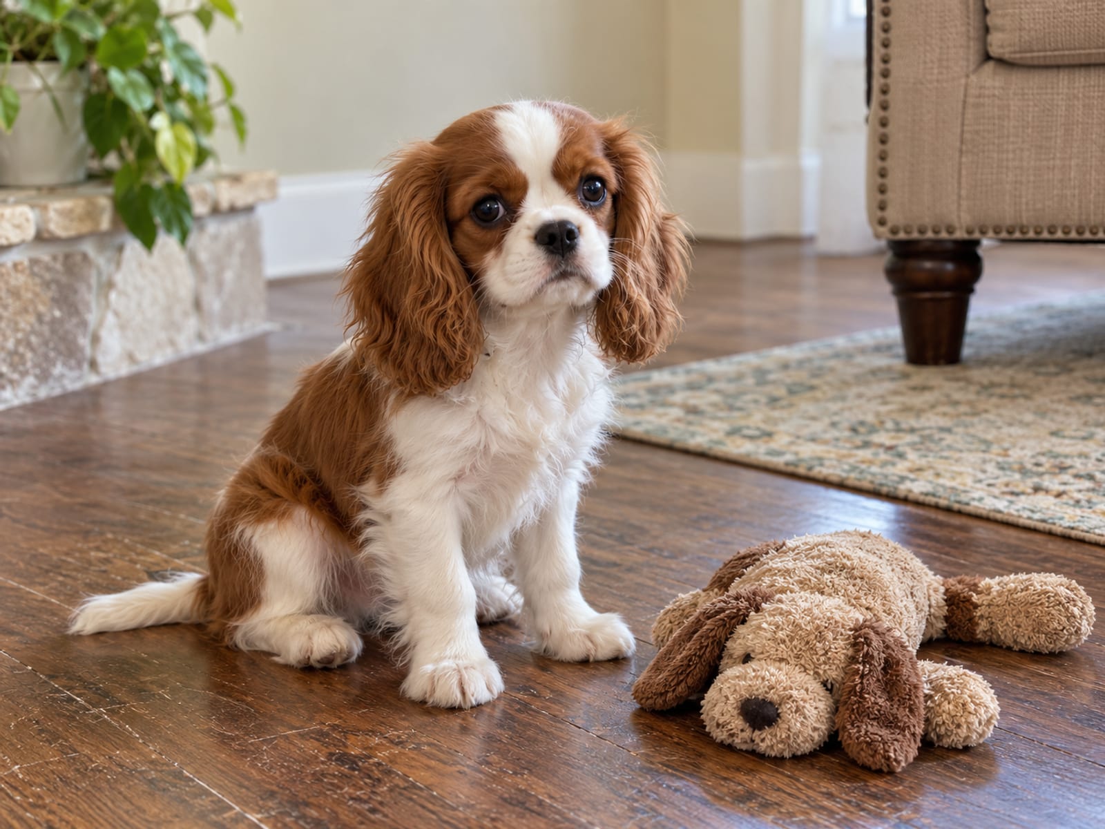 Cavalier King Charles spaniel puppy sitting on a wood floor with its mouth closed beside a plush toy