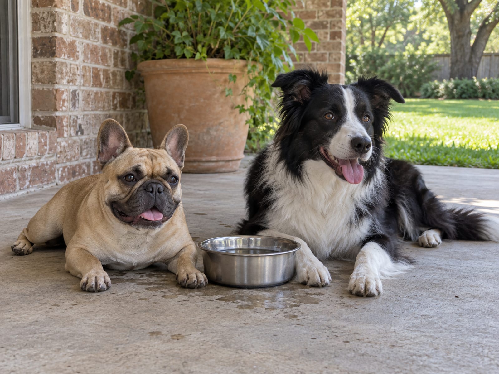 French bulldog and border collie resting side by side on a shaded back patio with a water bowl between them