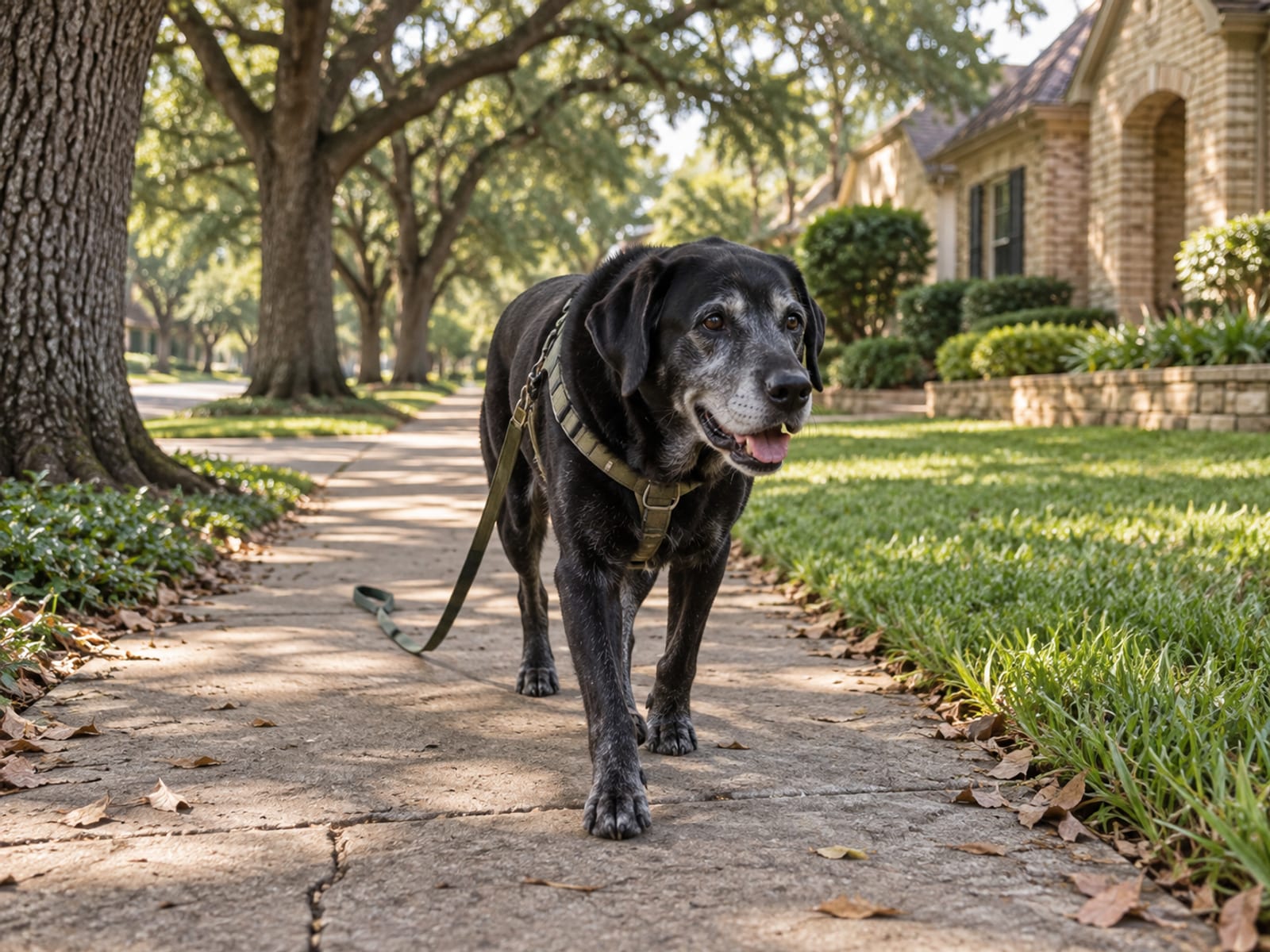 Grey-muzzled senior Labrador retriever walking slowly along a shaded sidewalk under live oaks, its leash trailing slack from its harness