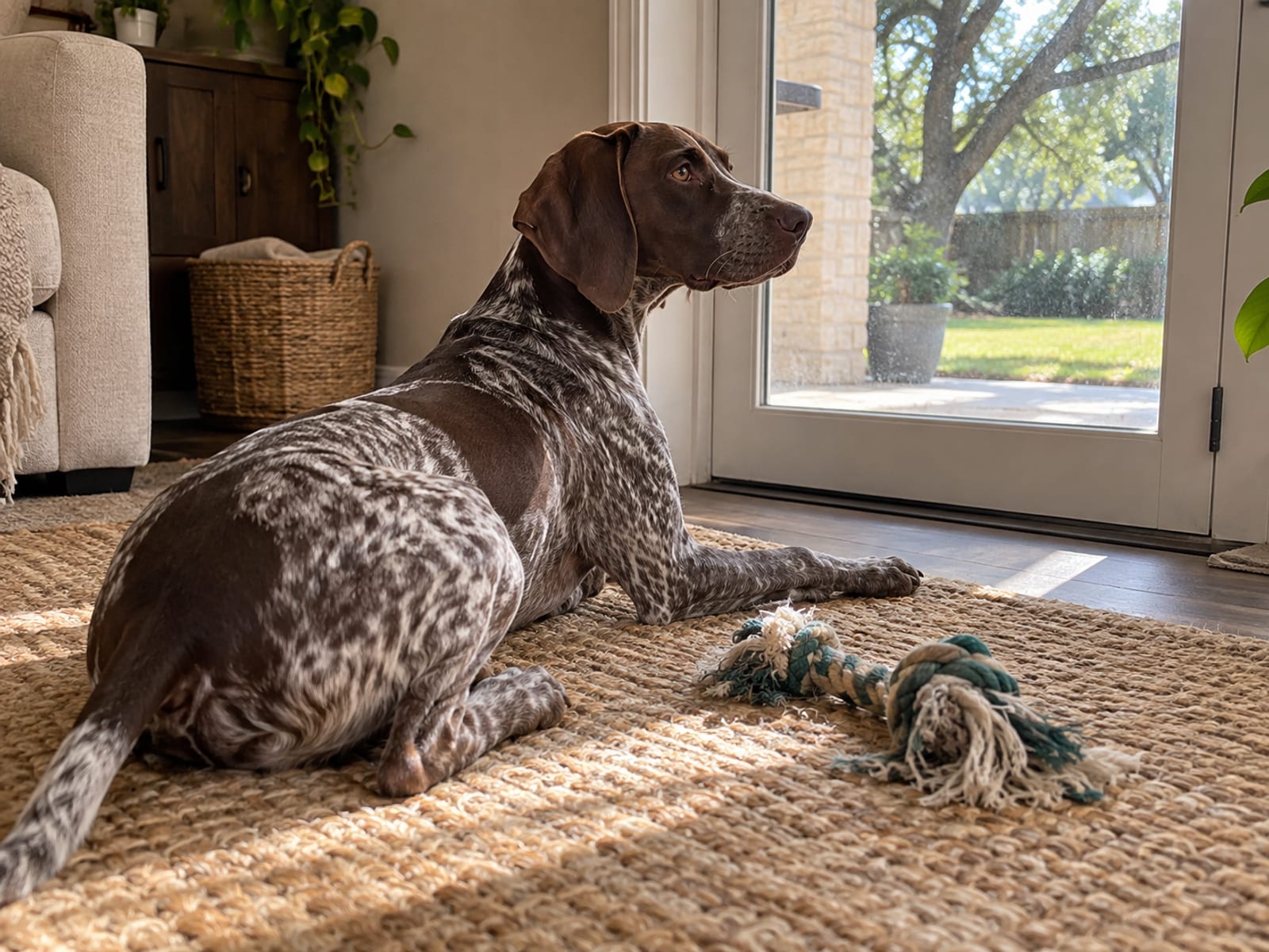 Young German shorthaired pointer lying on a living room rug beside a chewed rope toy, looking toward the back door