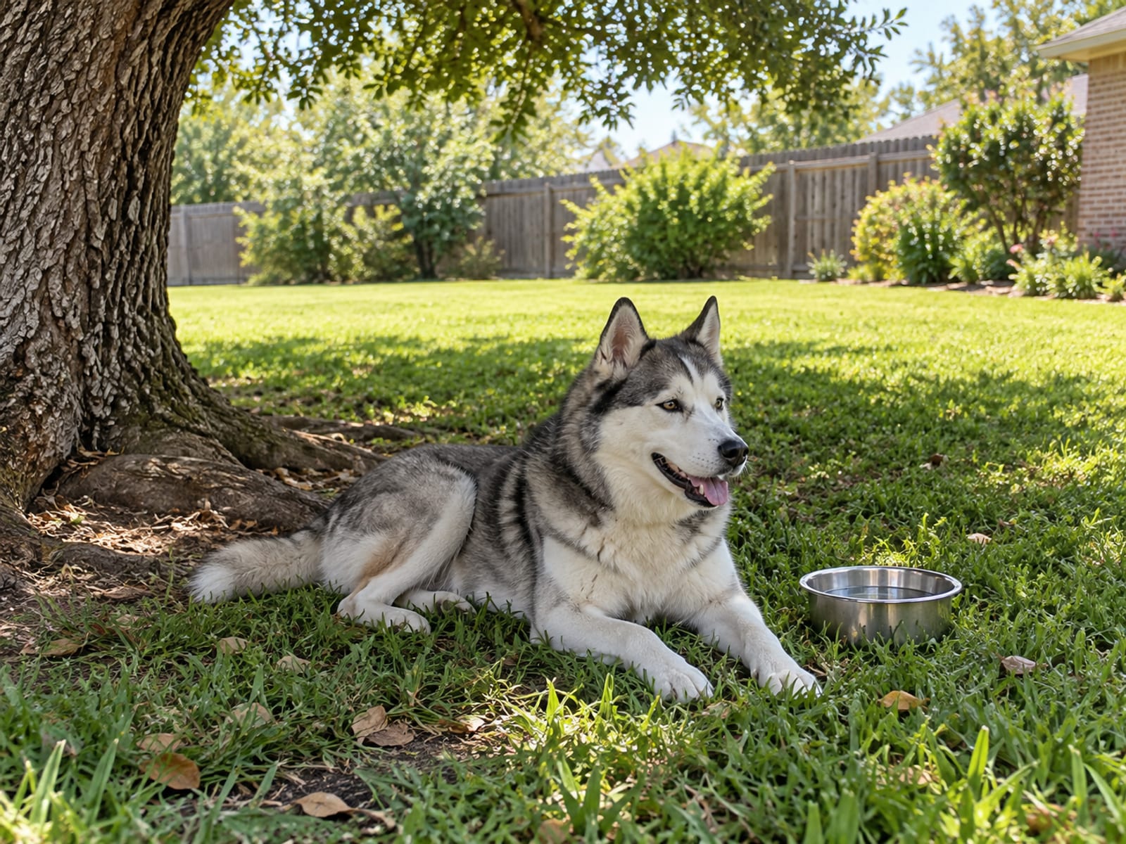 Husky mix resting in the shade of a live oak on a backyard lawn, a full water bowl beside it