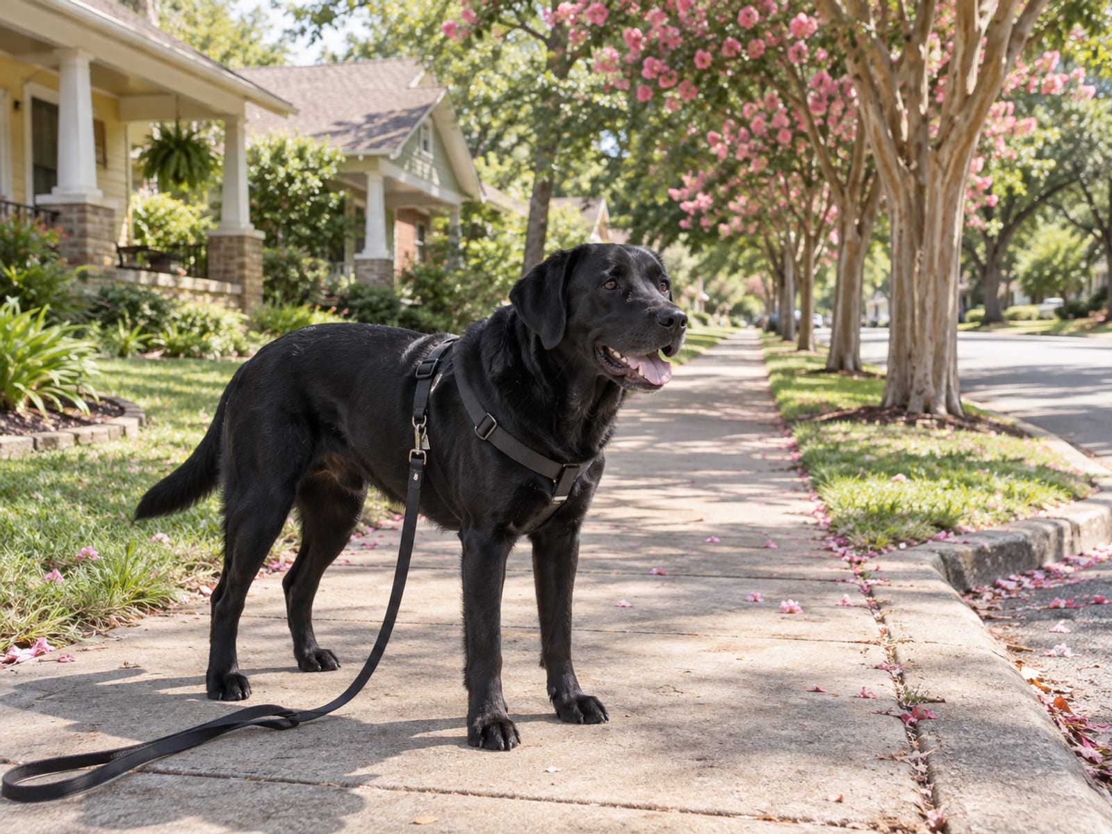 Labrador retriever negro con arnés parado en una banqueta soleada bordeada de árboles de crespón y casas pequeñas