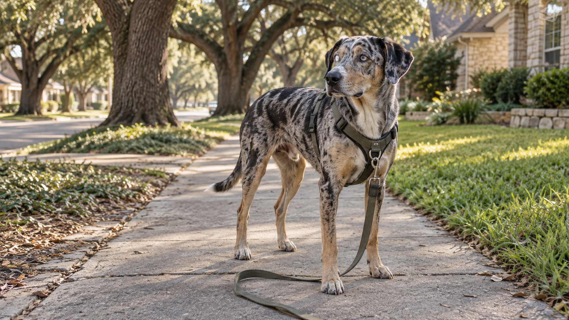 Perro leopardo de Catahoula con arnés parado en una banqueta a la sombra de unos encinos, con la correa suelta en el suelo