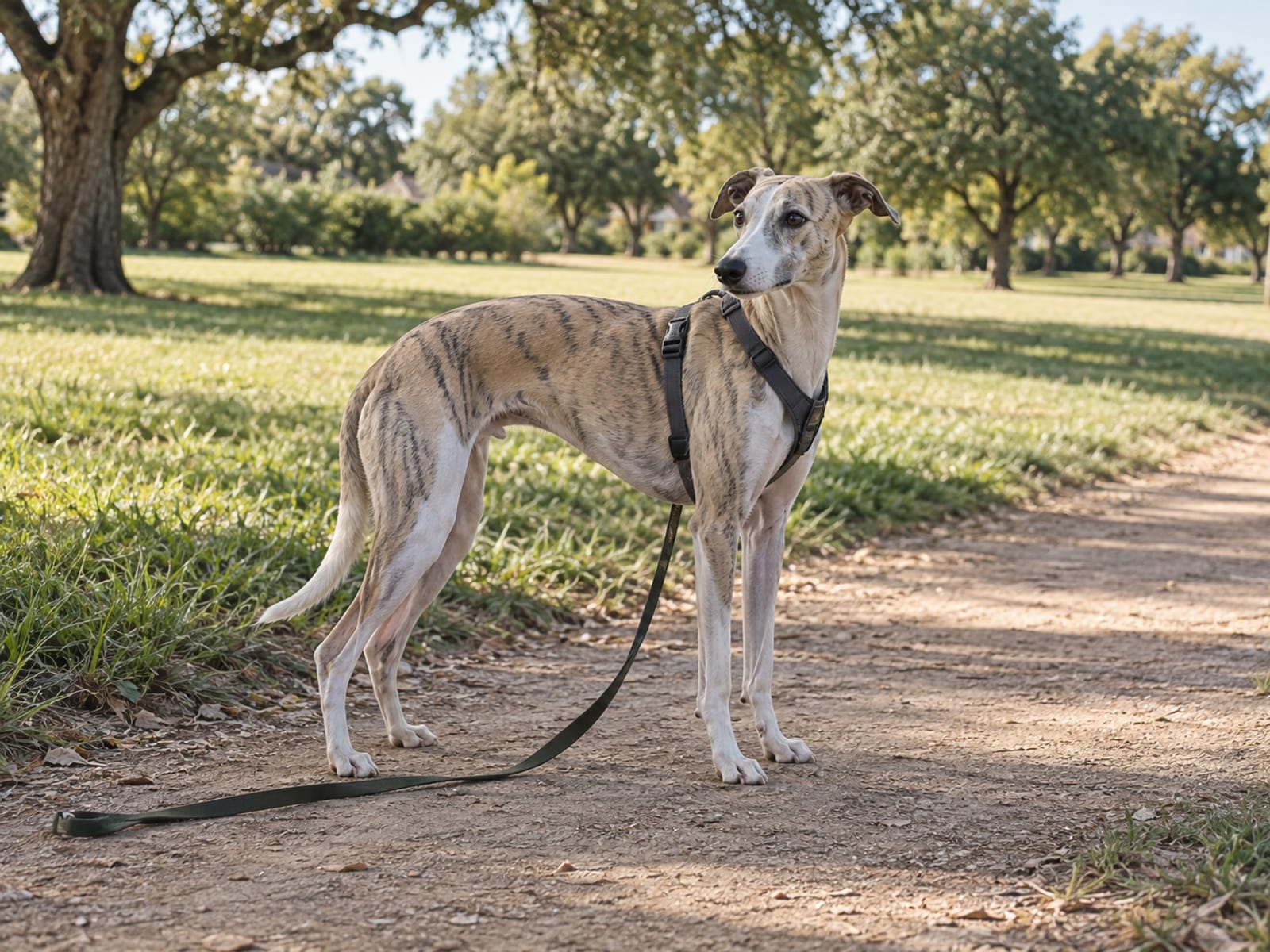 Whippet con arnés parado en un camino de tierra a la orilla de un área verde del vecindario, con la correa suelta en el suelo