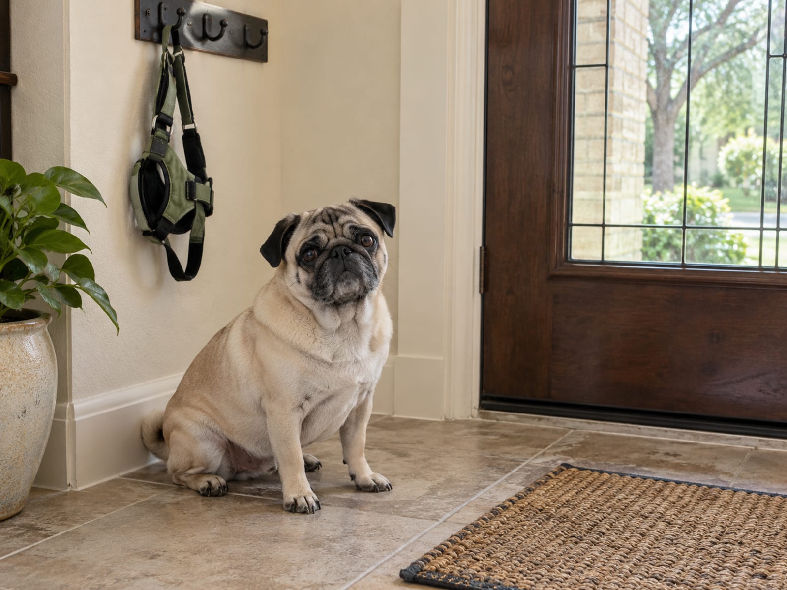 Pug sentado en una entrada pequeña y ordenada junto a un gancho para abrigos del que cuelga un arnés, con un tapete en el piso
