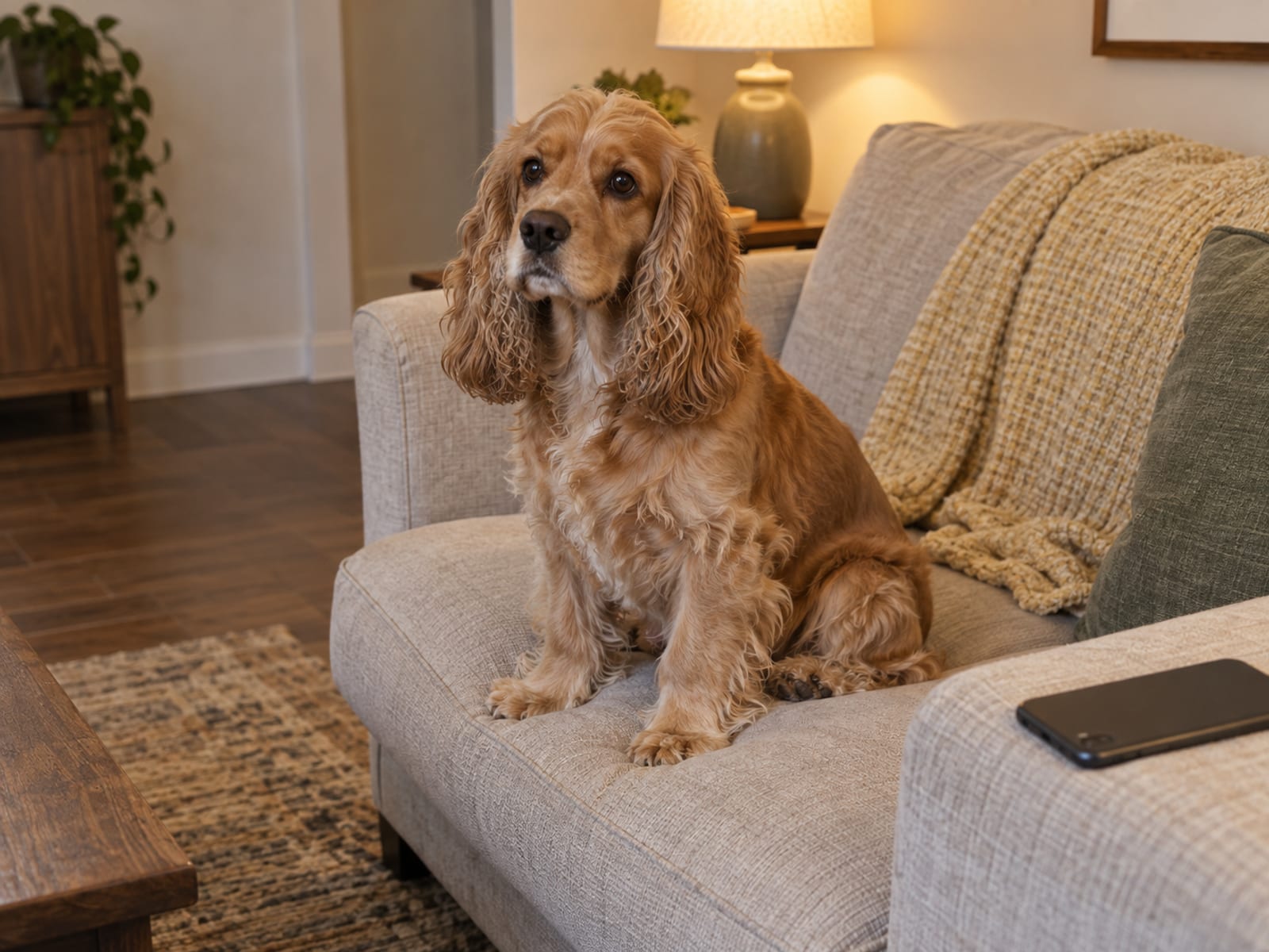 Cocker spaniel sentado sobre el cojín de un sofá en una sala iluminada por una lámpara, junto a un teléfono cerrado boca abajo sobre el brazo del sofá
