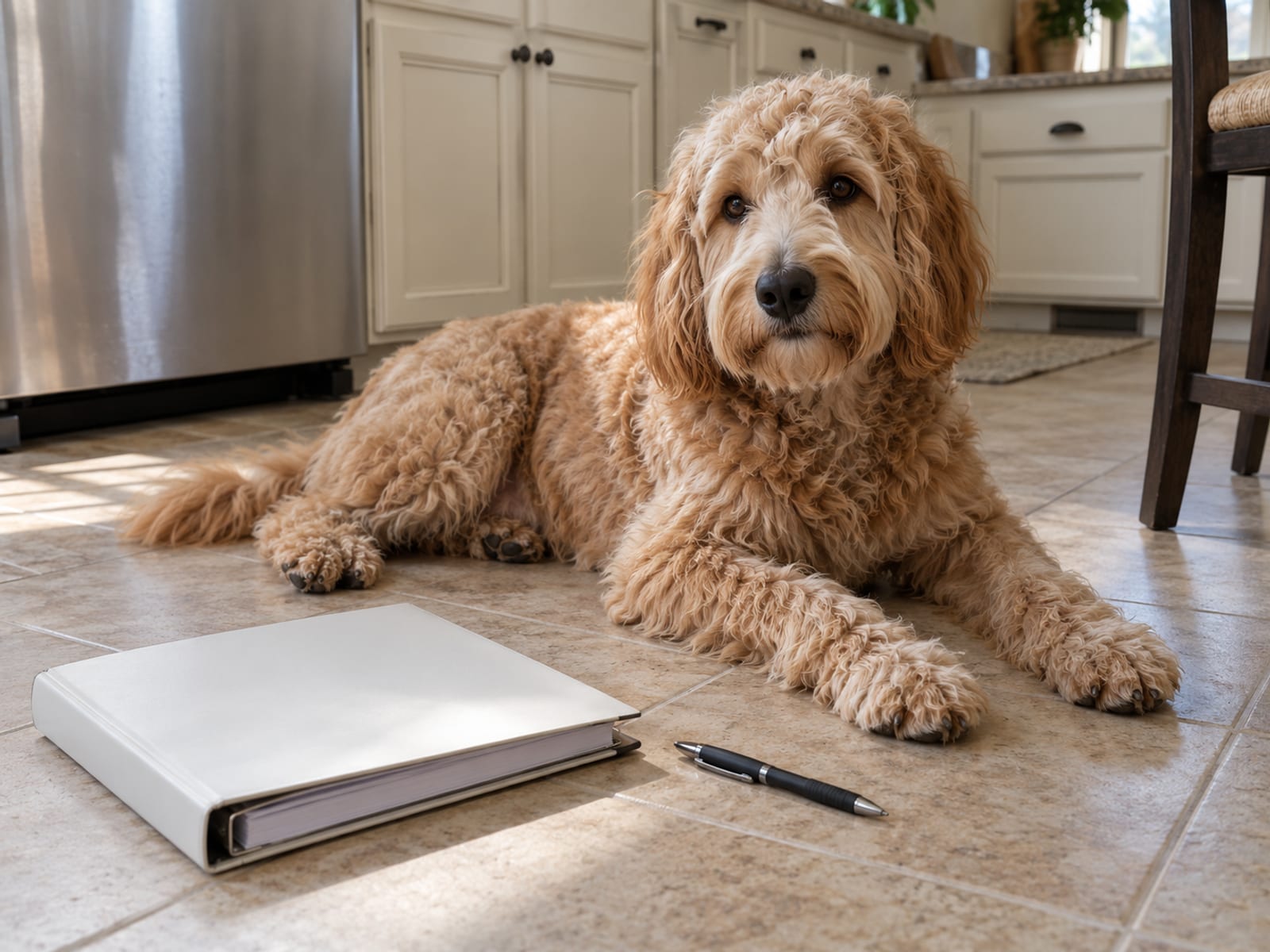 Goldendoodle acostado en el piso de una cocina junto a una carpeta de argollas cerrada con la portada en blanco y una pluma sobre la loseta