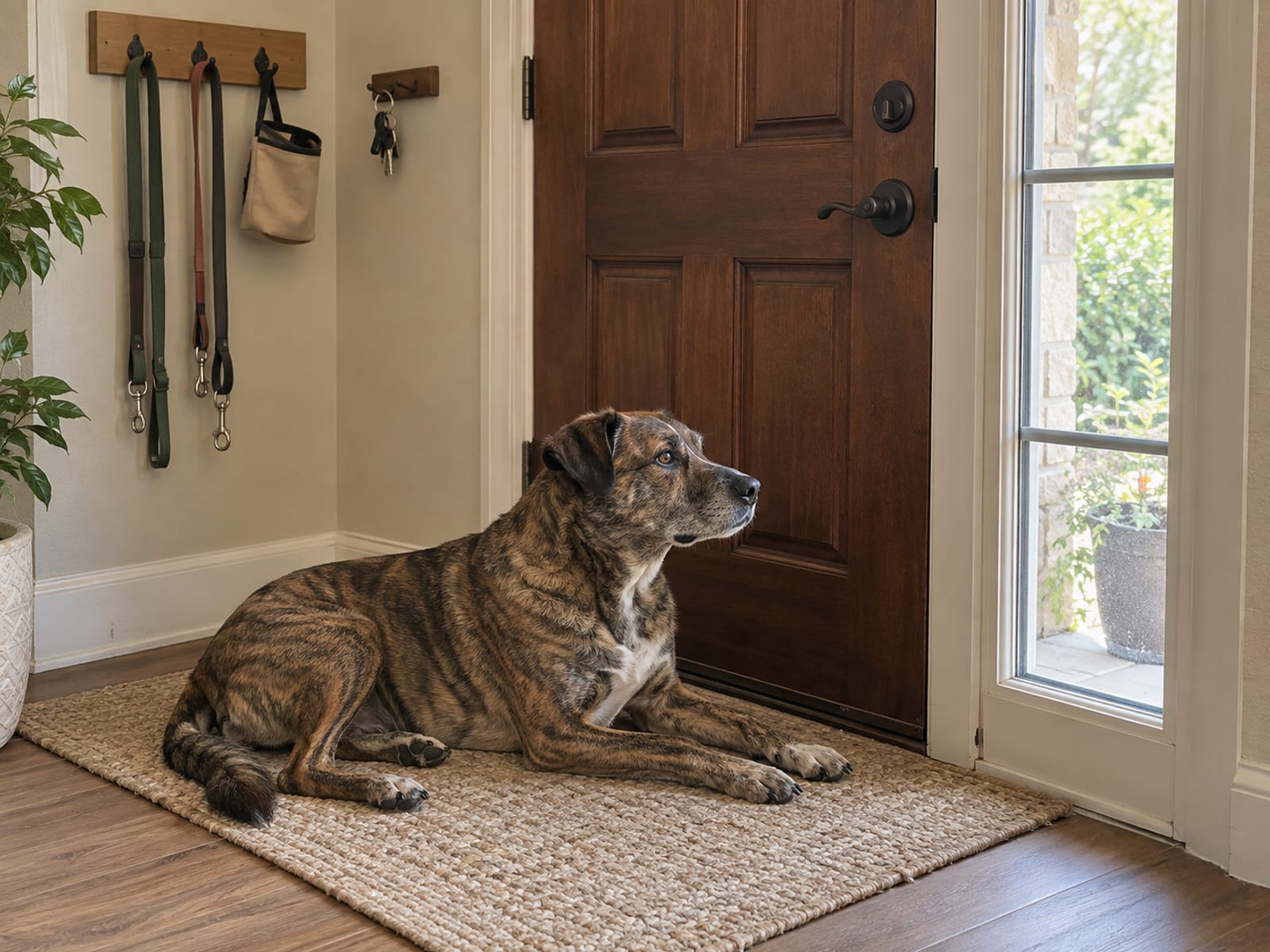 Several leashes and a treat pouch hanging on a rack beside a front door, a key hook nearby and a dog lying on the entry mat