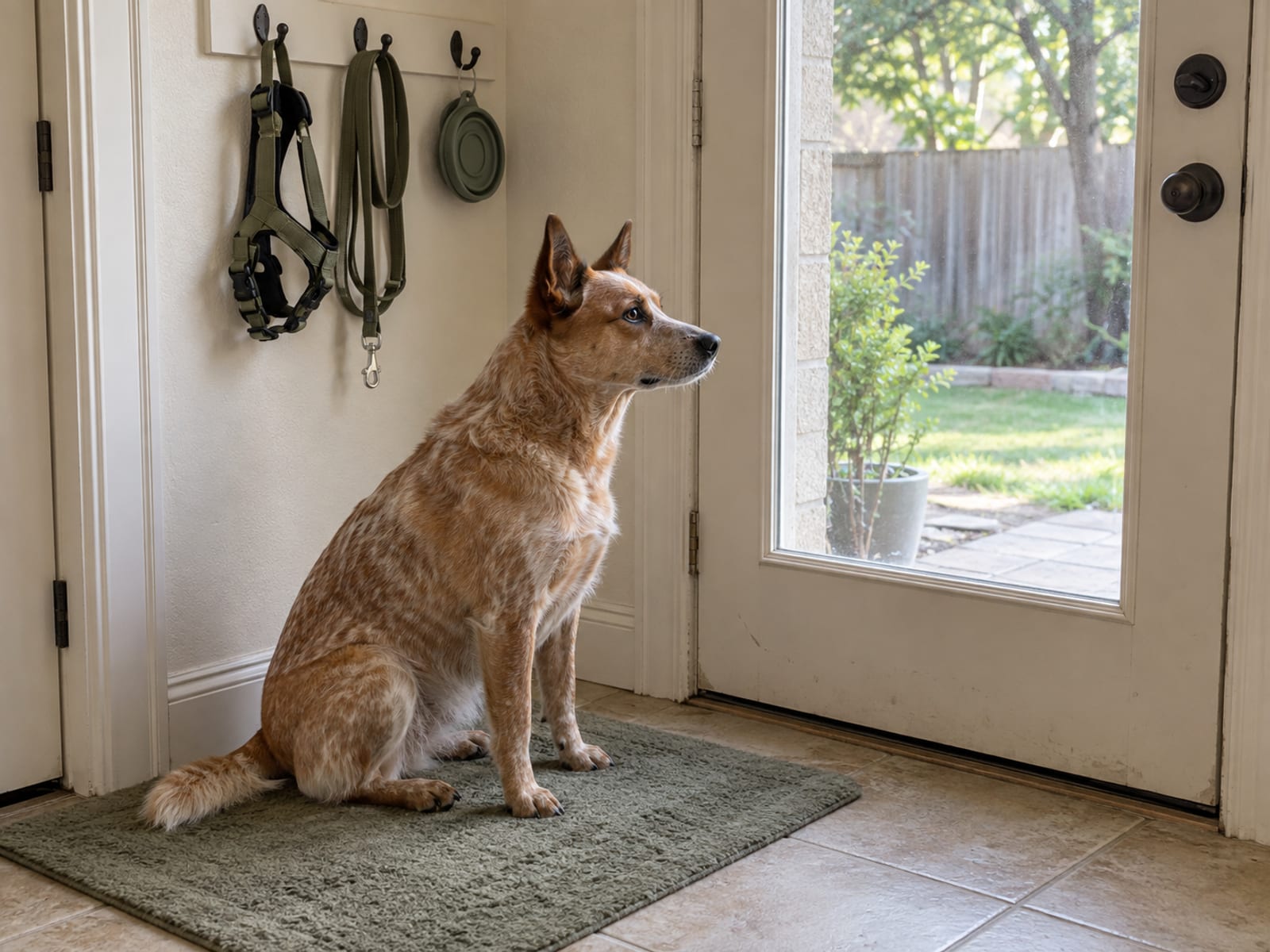 Harness, leash and collapsible water bowl hanging on hooks by a back door, a medium dog sitting on the mat below