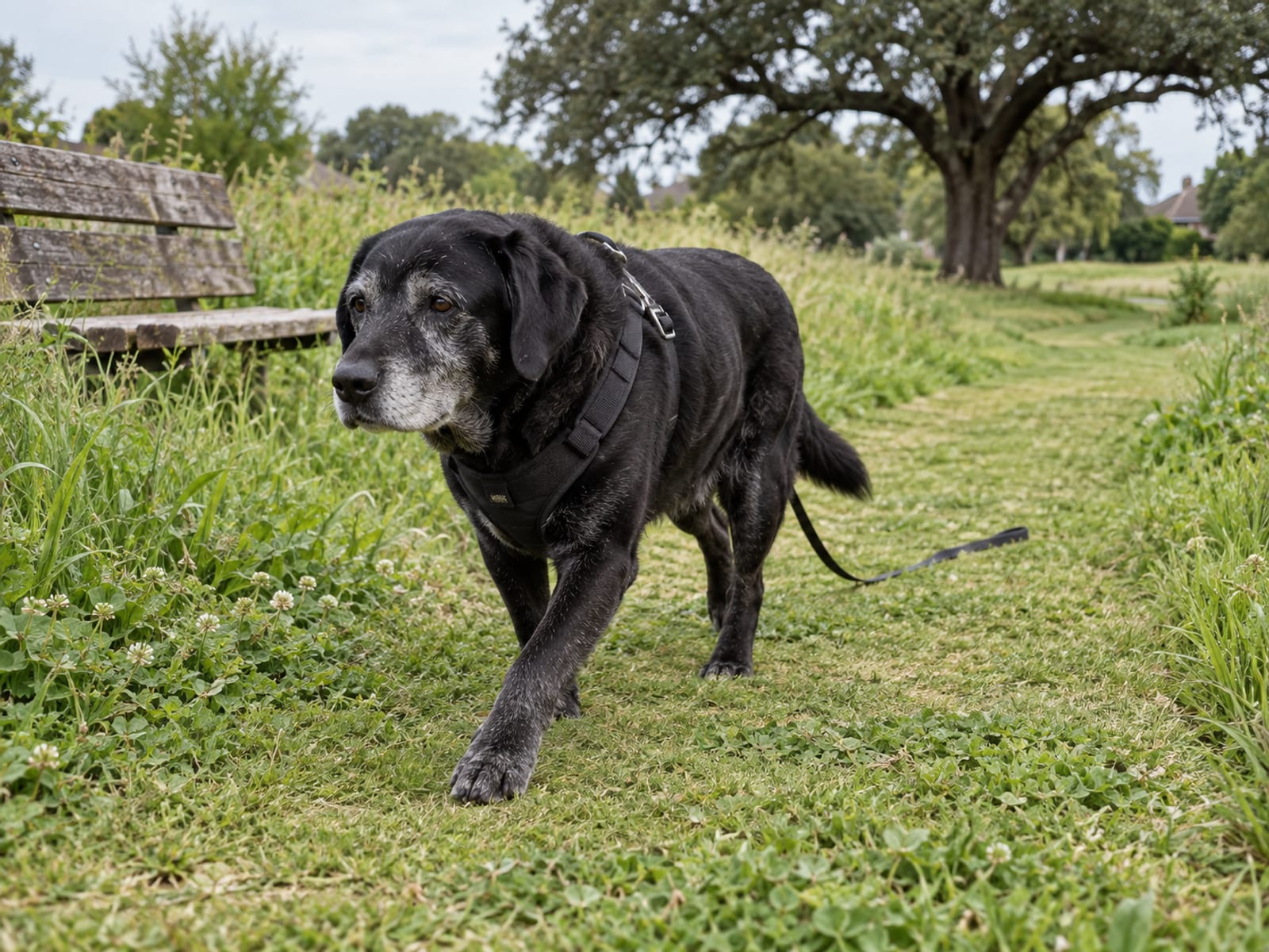 Senior dog with a greying muzzle walking slowly along a mown grass path in a small park, harness on and leash trailing slack