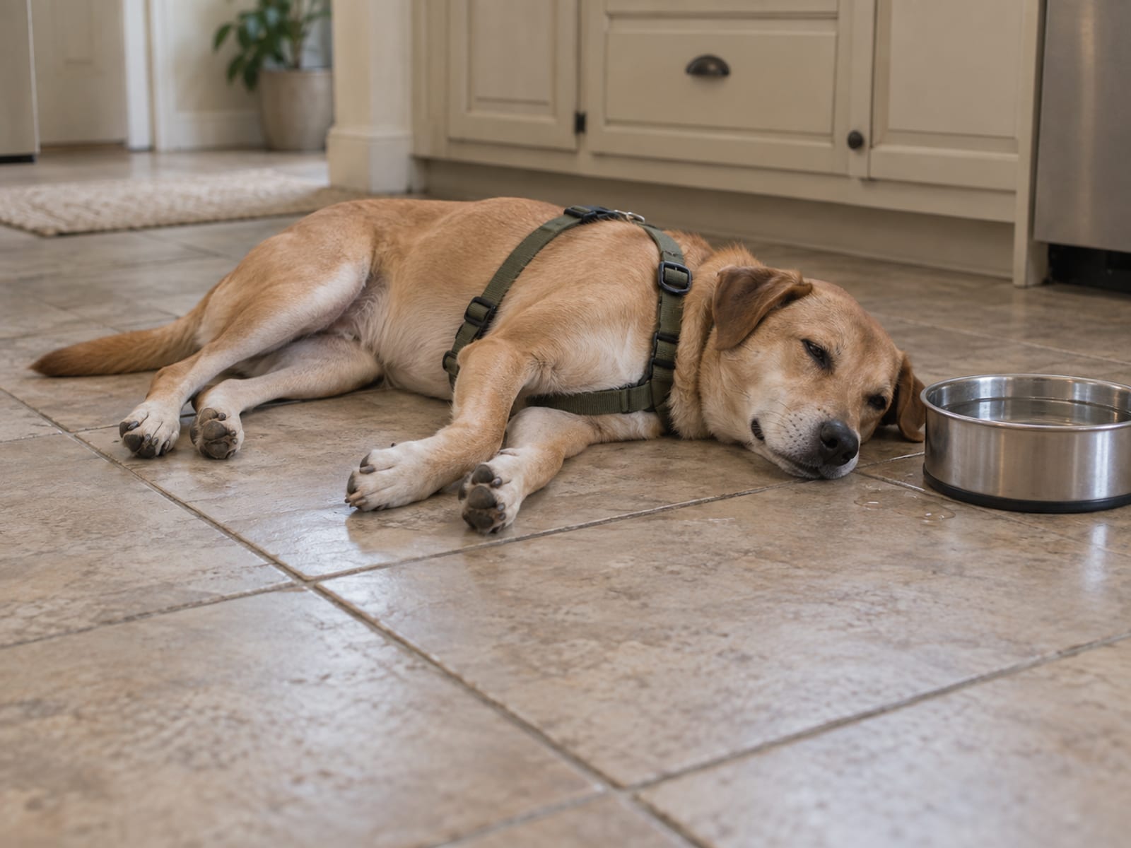 Dog lying on its side on a cool tile floor beside a full water bowl, harness still on after a walk