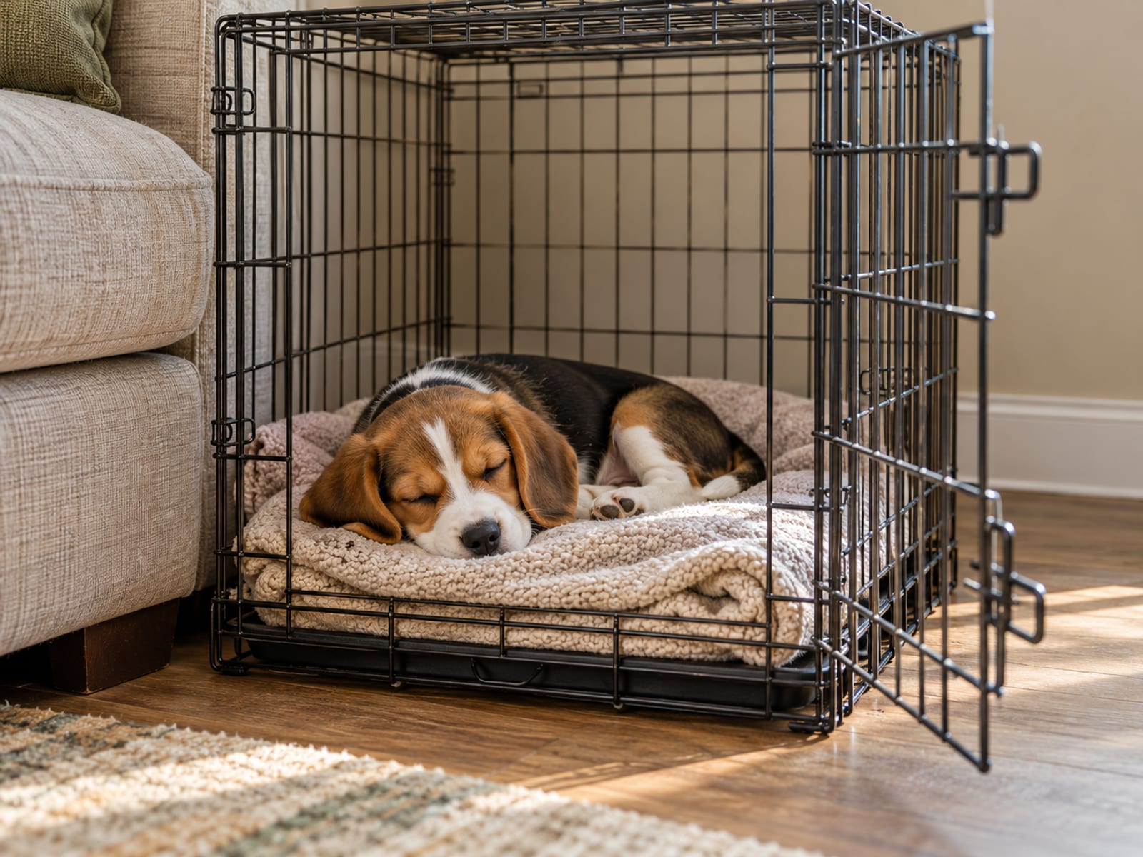 Beagle puppy asleep on a folded blanket in a wire crate with its door fastened open beside a sofa