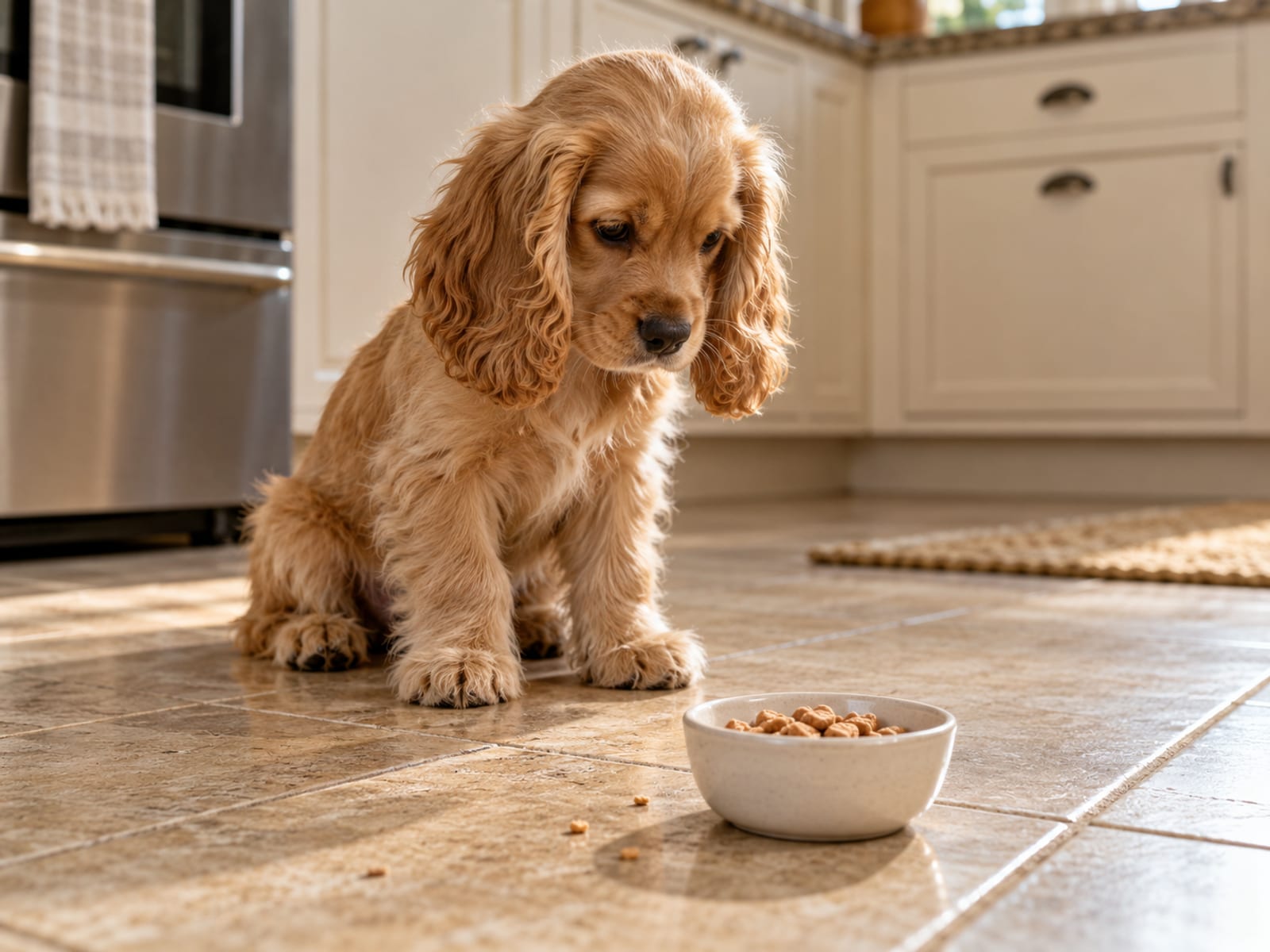 Cocker spaniel puppy sitting on a kitchen tile floor looking at a small bowl of tiny treats in soft morning light