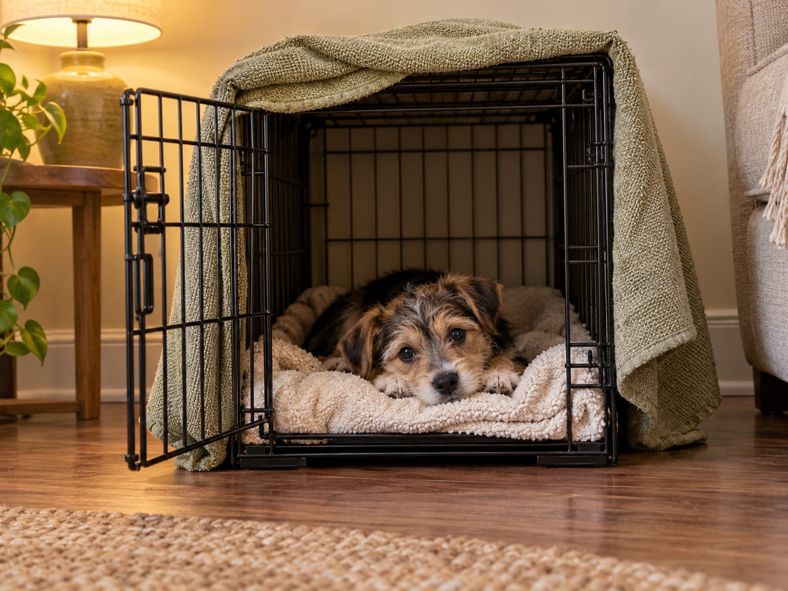 Small mixed breed puppy resting on a blanket inside a covered crate with the door open and peeking out