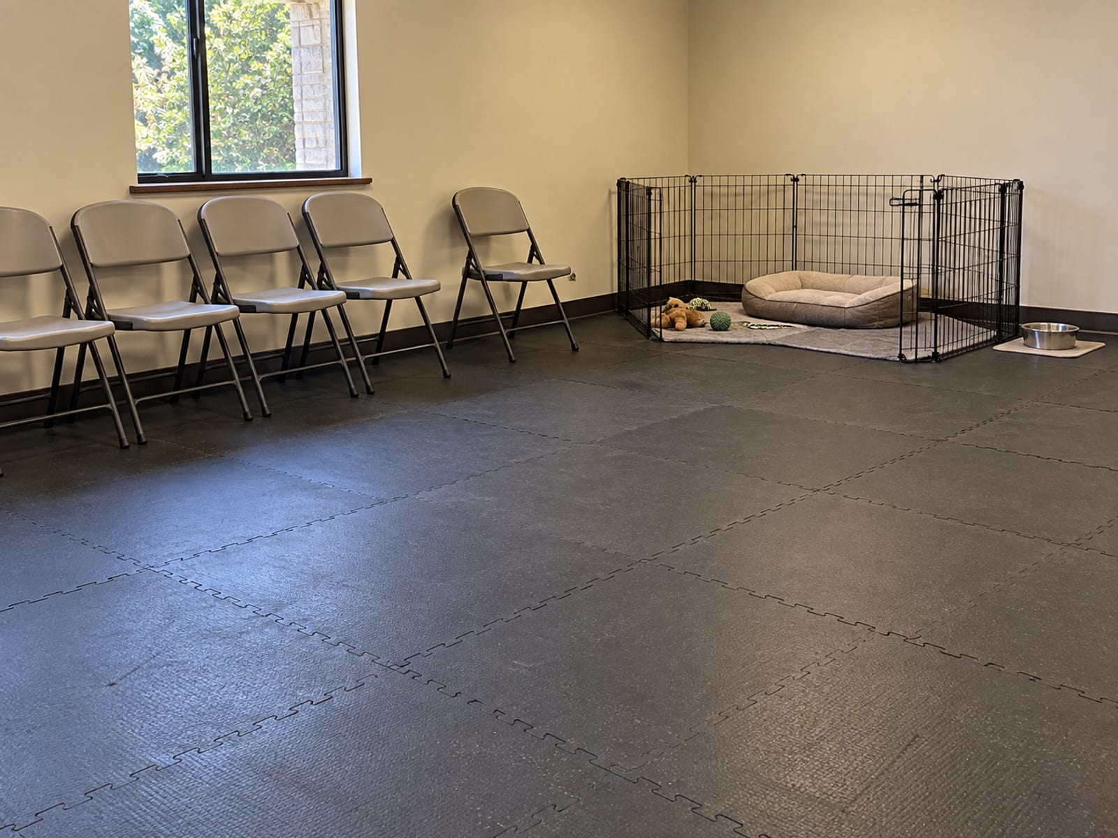 Empty community training room with rubber mats, folding chairs along the wall, a puppy playpen, a dog bed and a water bowl in the corner