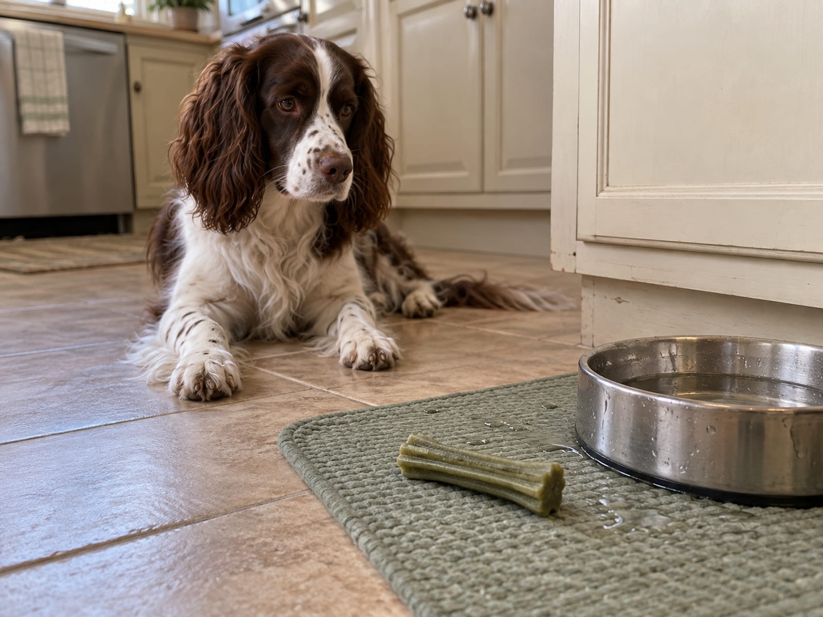 Plain dental chew on a kitchen floor mat beside a water bowl, a dog lying nearby looking at it