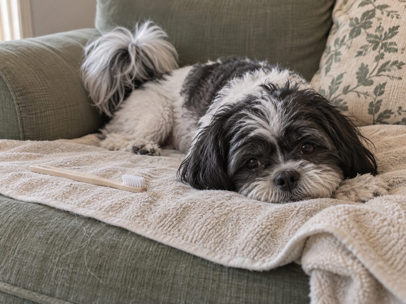 Small dog lying relaxed on a towel on a couch with a toothbrush resting on the towel beside it